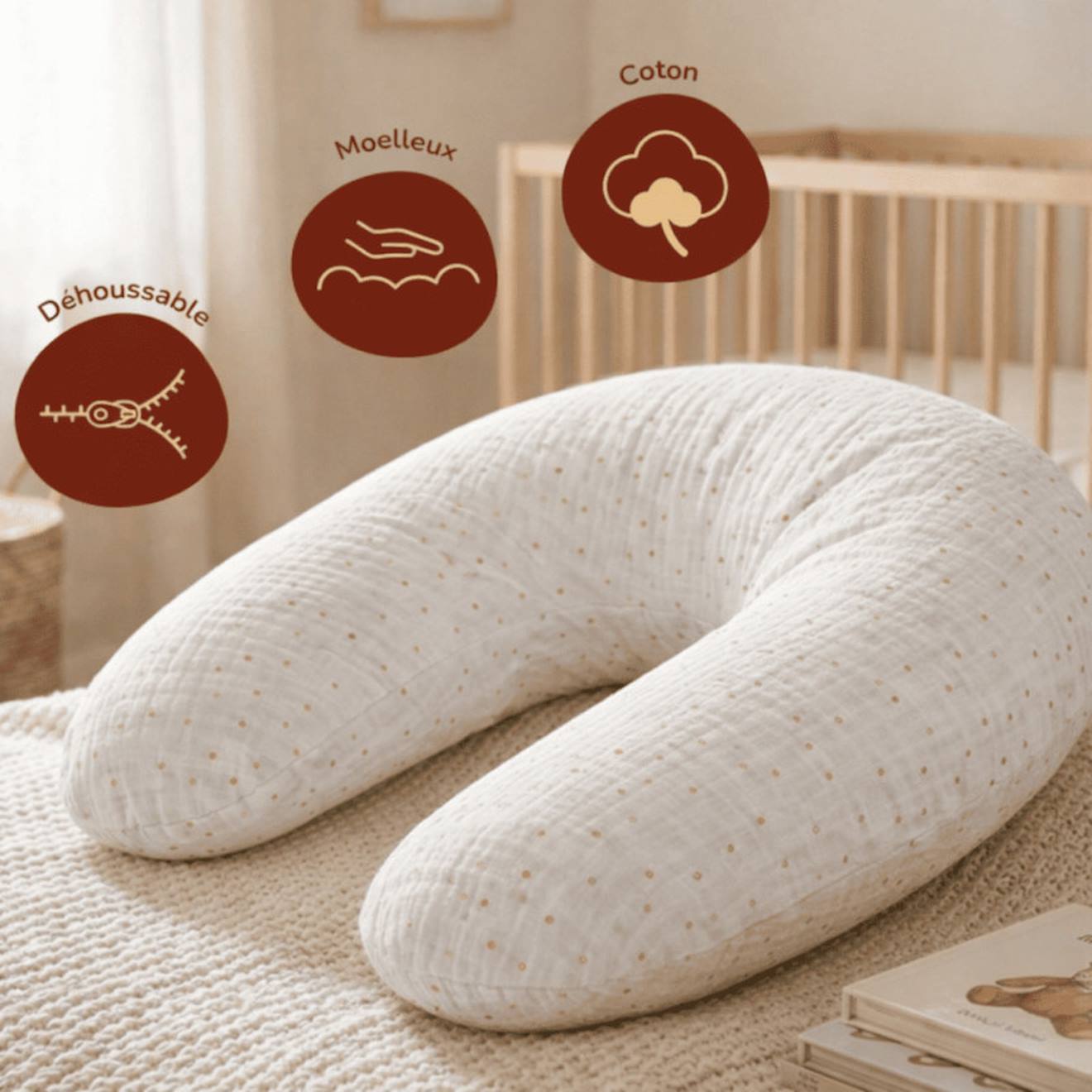 Coussin De Maternité 3 En 1 : Grossesse, Allaitement & Repos - Housse Double Gaze Coton - Blanc Blanc (babysom) - Image 1
