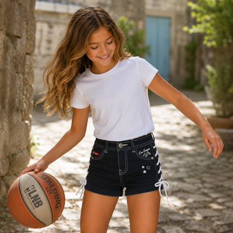 Short en jeans fille avec decor tressé Kaki+Marine+Rose 9 - vertbaudet enfant 