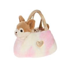 Jouet-Premier âge-Peluche - peluche girly bag fashionista – chien chihuahua marron et beige avec sac et détails or – 18 cm