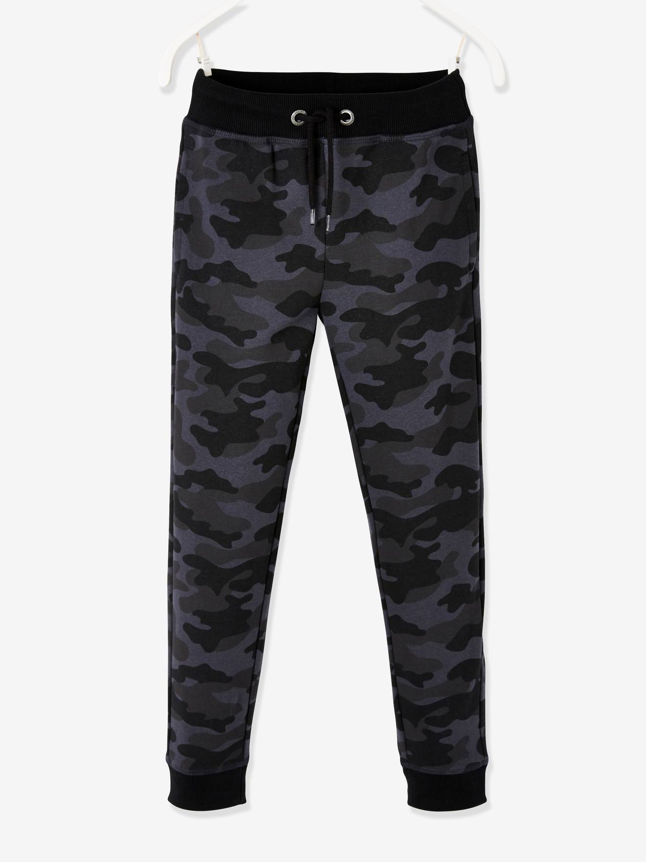 Pantalon de sport garçon en molleton motif camouflage noir imprimé