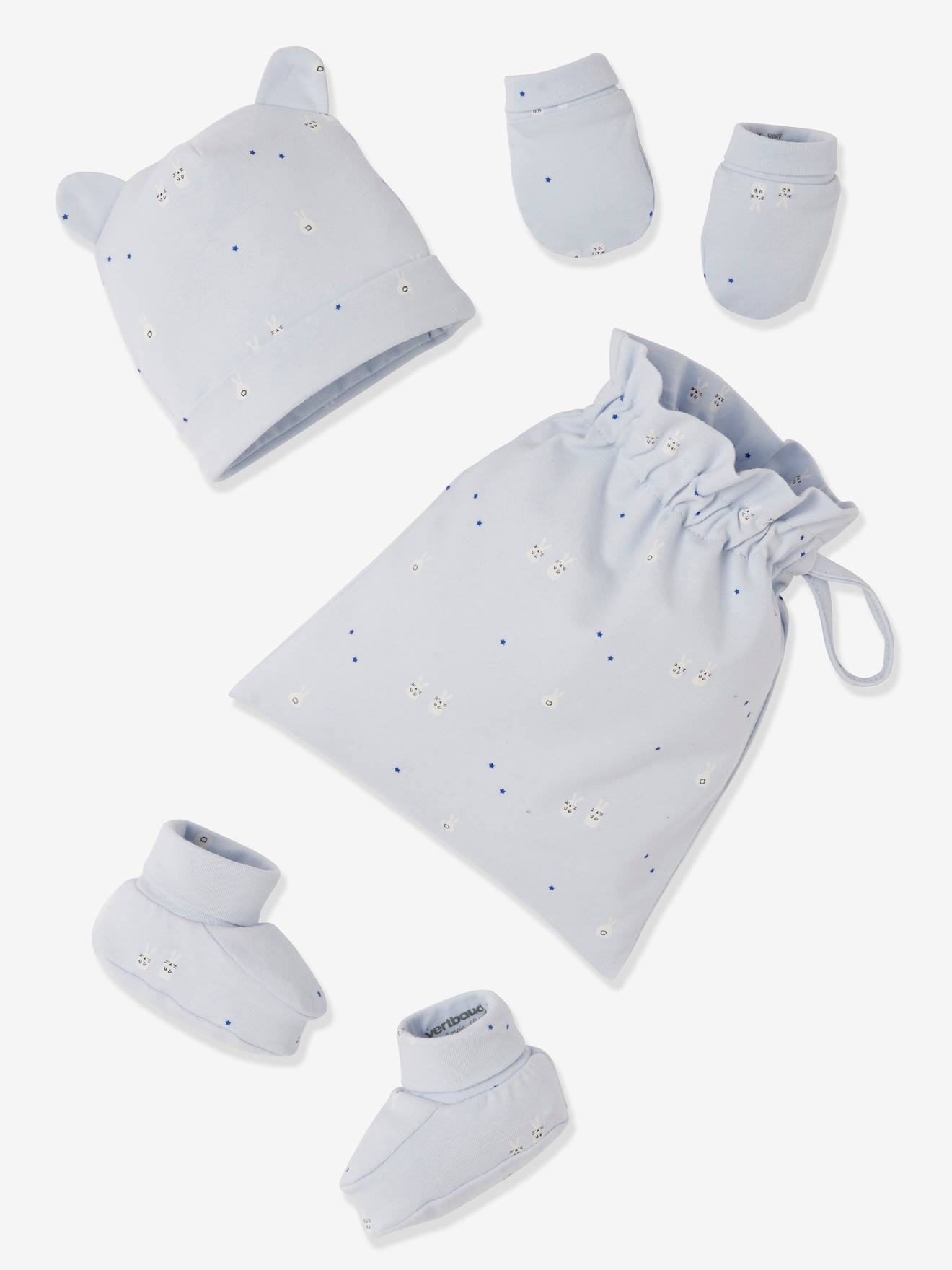 Kit bonnet + chaussons + gants et sac bébé bleu glacier imprimé