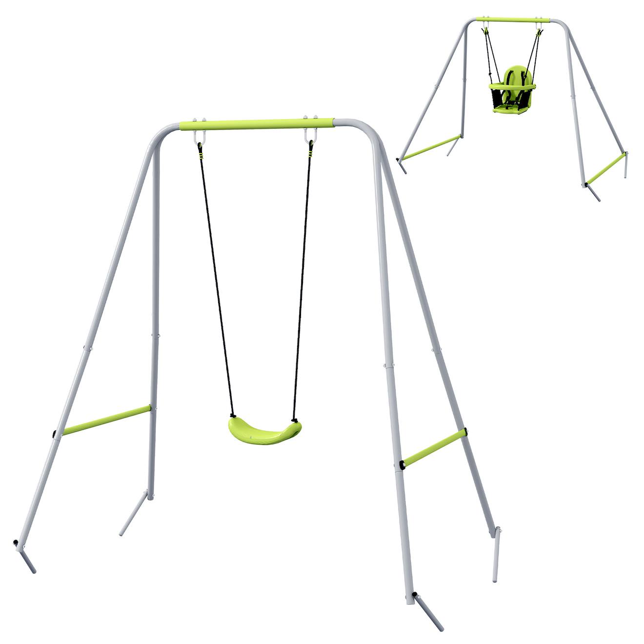 Portique Balançoire Évolutive - Siège Haut, Accoudoirs, Ceinture Sécurité 5 Points, Barre Protection - Métal Époxy Gris