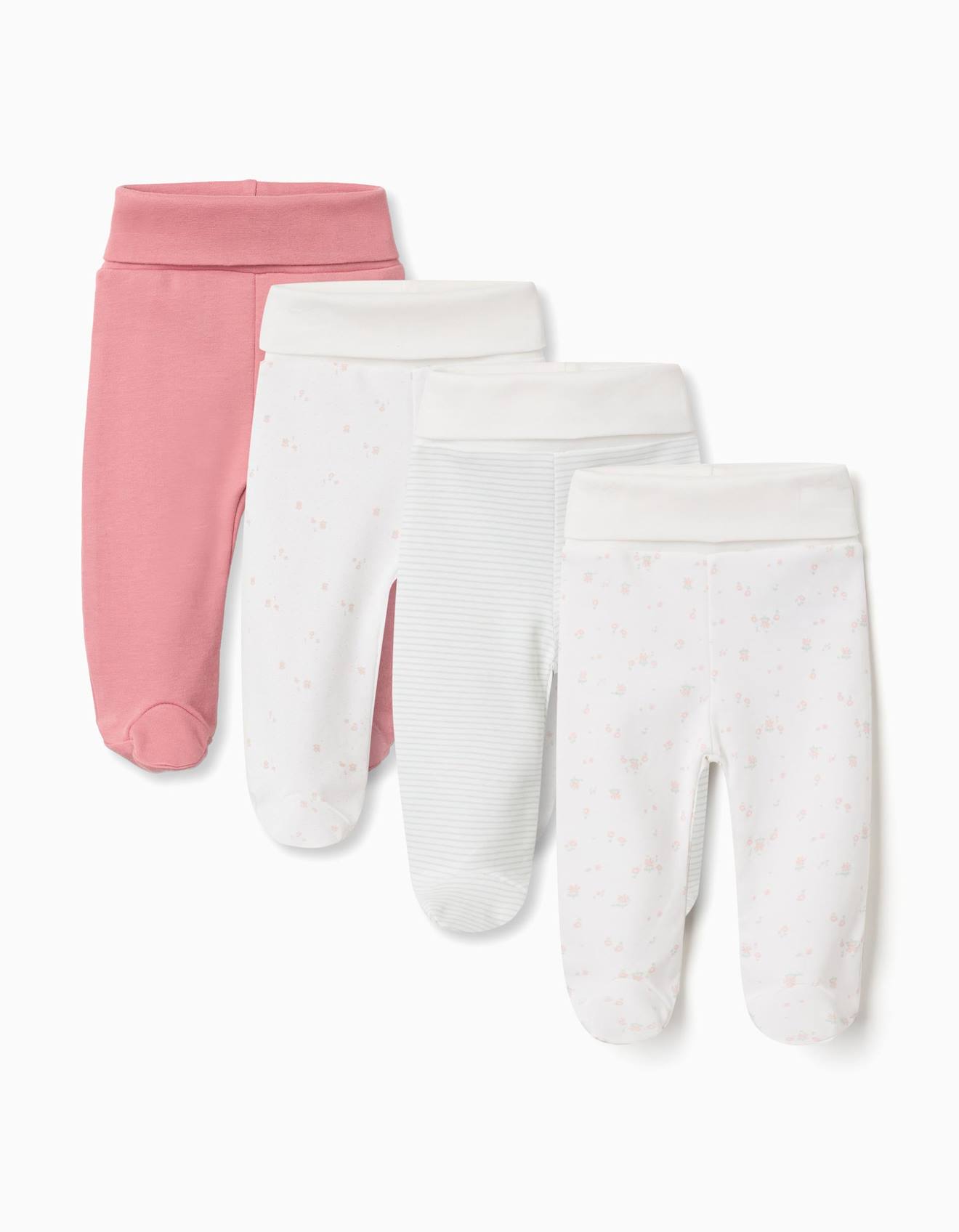 4 Pantalons Avec Pieds En Coton Unis/imprimés Multicolore