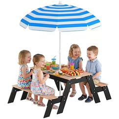 Jouet-Table de pique-nique enfants - aiyaplay - avec parasol - 2 boîtes de rangement - bois - 3 à 6 ans - 113 x 95 x 160 cm - naturel