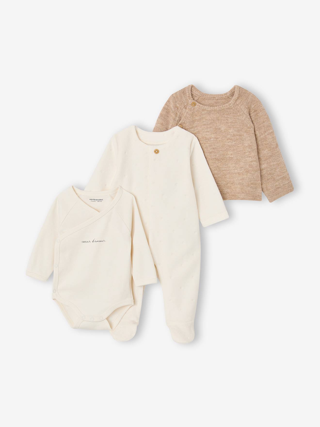 Ensemble naissance 3 pièces personnalisable beige chiné (Vertbaudet) - Image 1
