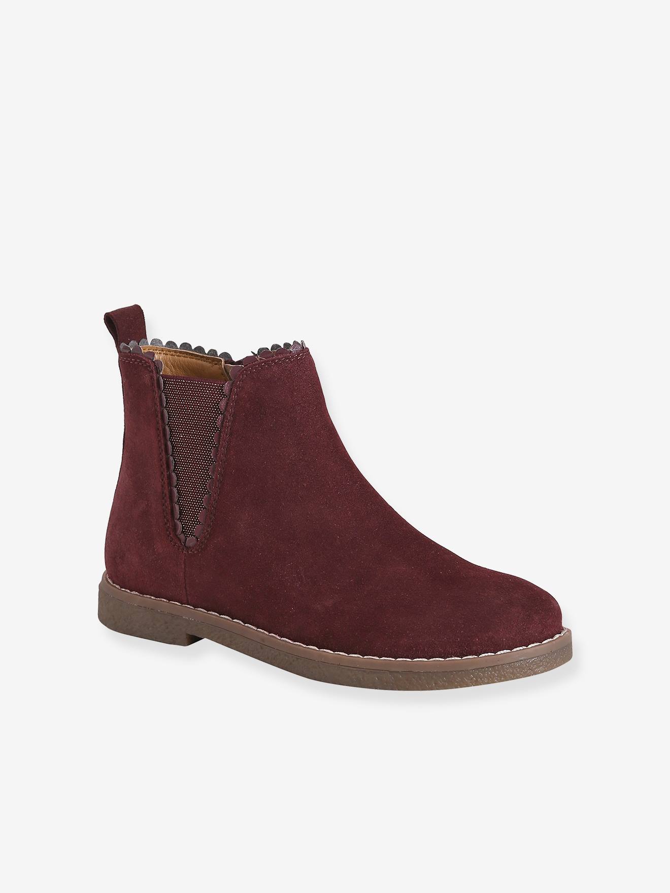 Boots enfant fille cuir élastiquées et zippées bordeaux