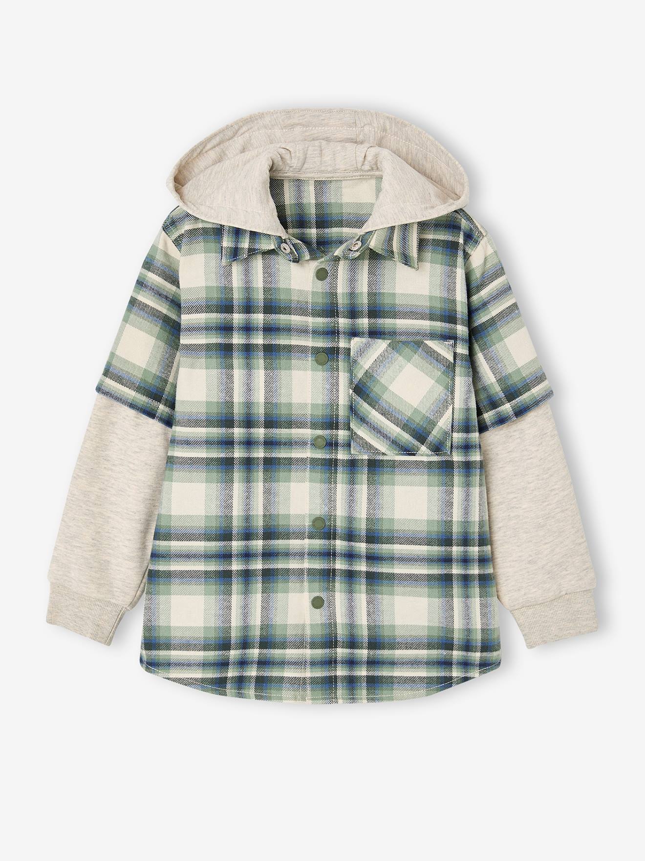 Chemise double matière effet 2 en 1 garçon carreaux vert