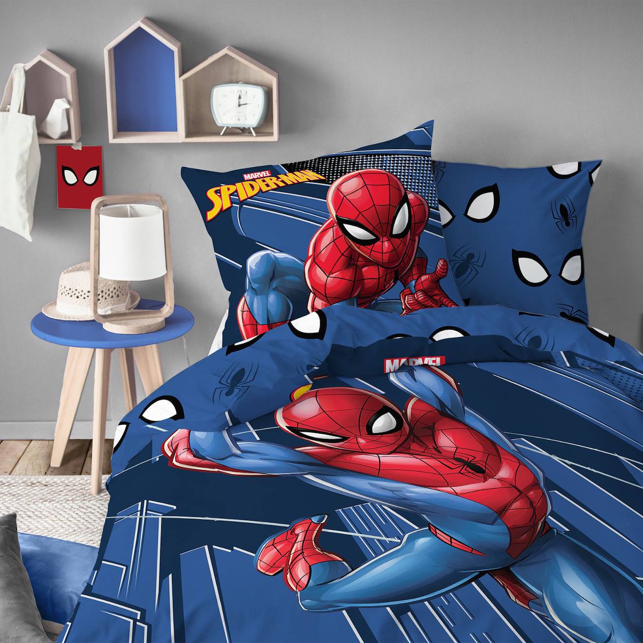 Parure De Lit Imprimée 100% Coton, Spiderman Home True Hero Bleu