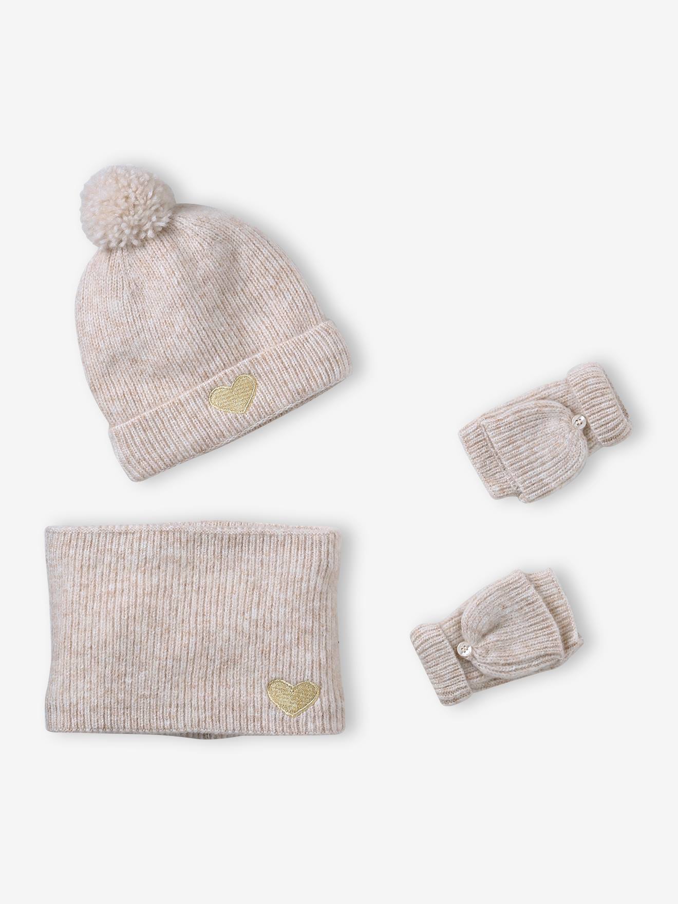 Ensemble fille bonnet, snood, moufles/mitaines avec badge coeur écru