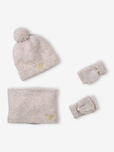Fille-Accessoires-Bonnet, écharpe, gants-Ensemble fille bonnet, snood, moufles/mitaines avec badge coeur