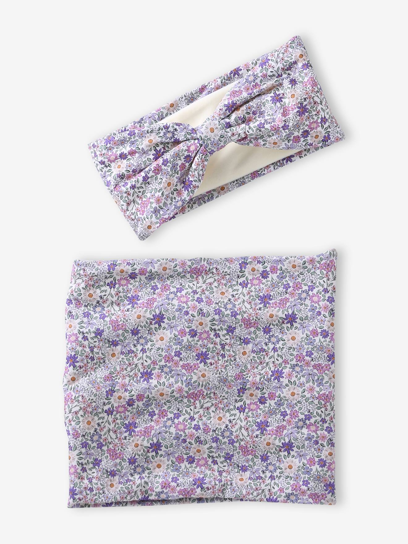 Ensemble fille bandeau et snood jersey lilas poudré