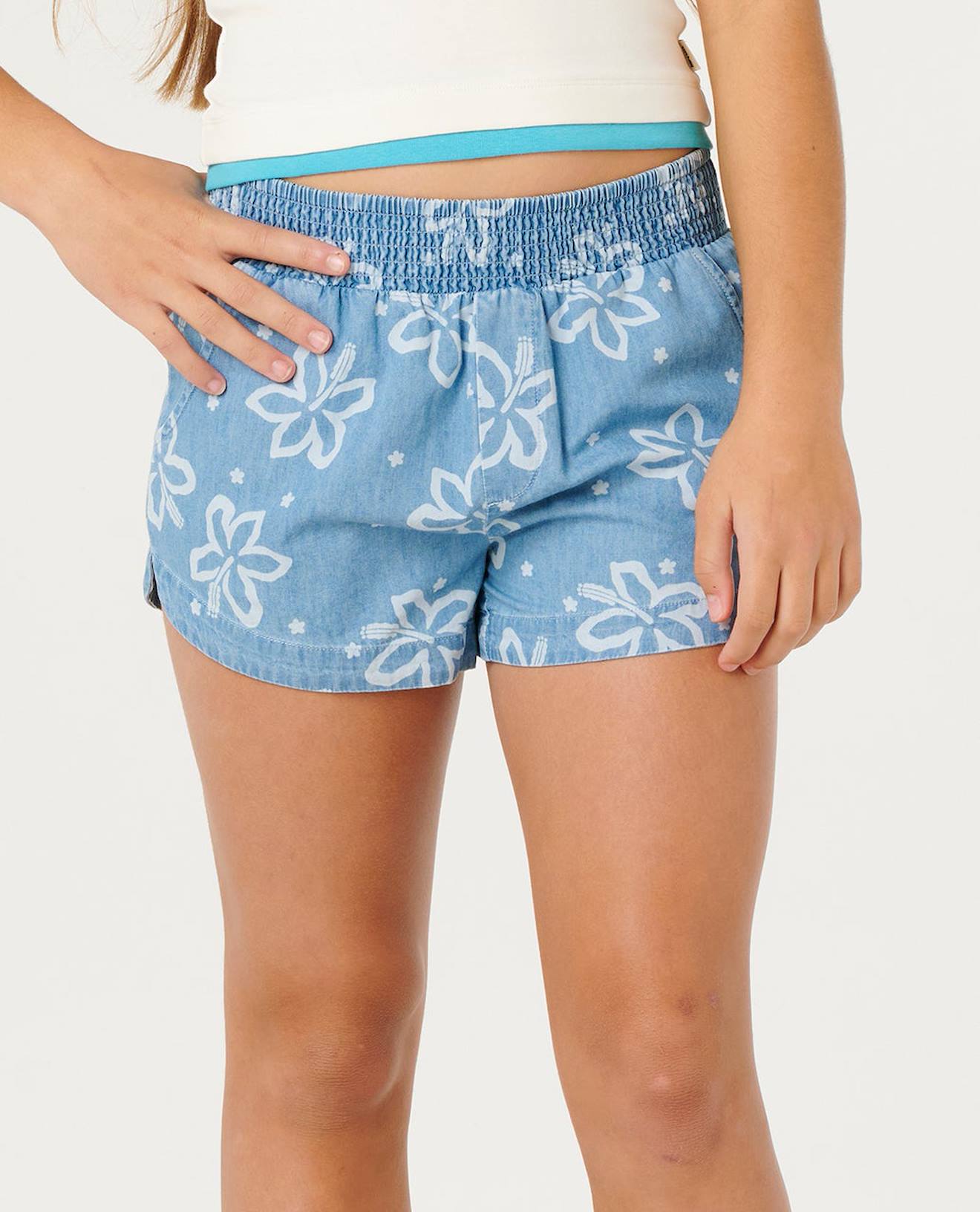 Short Chambray Floral Fille Bleu Délavé Short Chambray Floral Fille Bleu Délavé