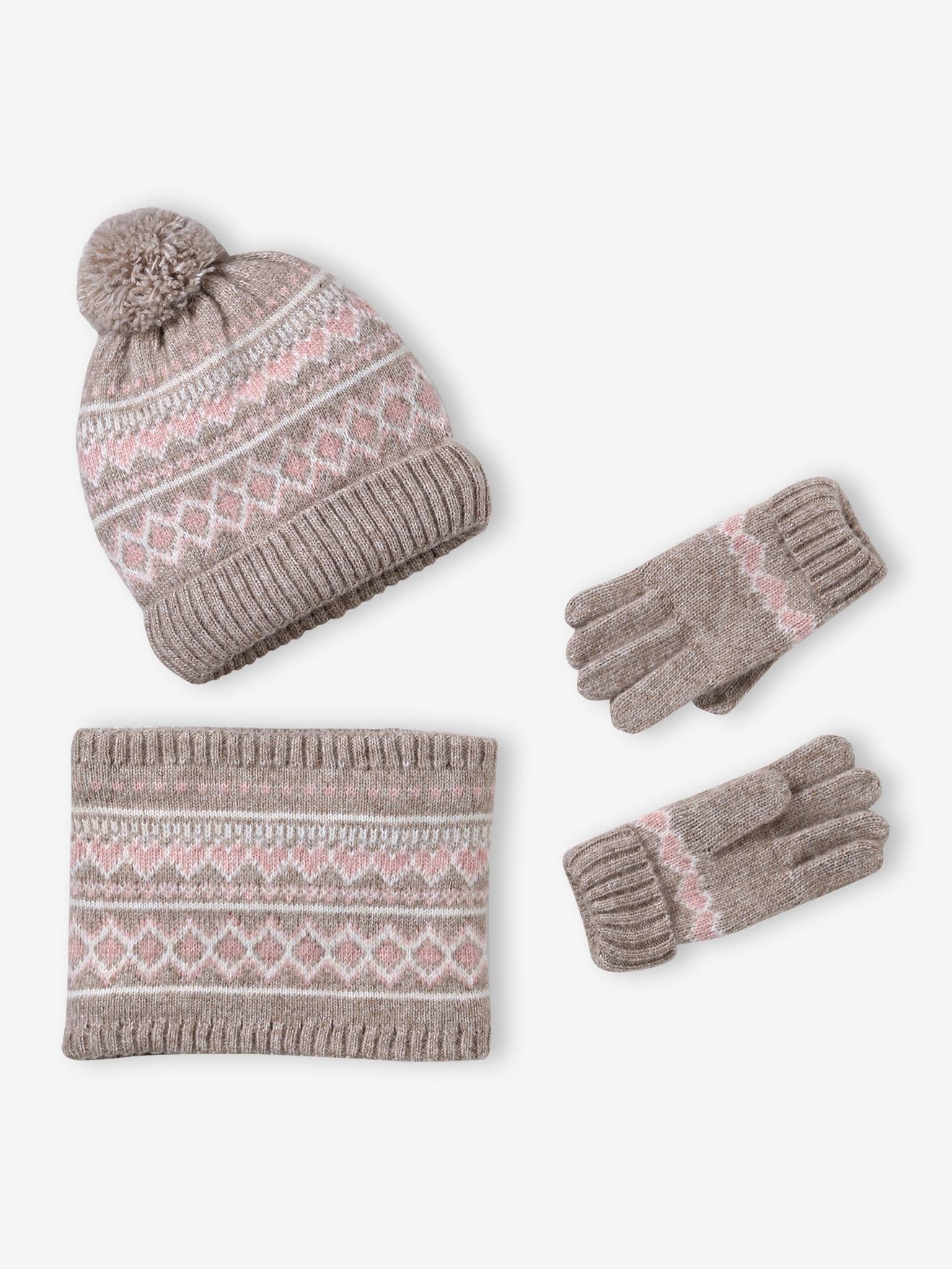 Ensemble fille tricot bonnet, snood et gants moka