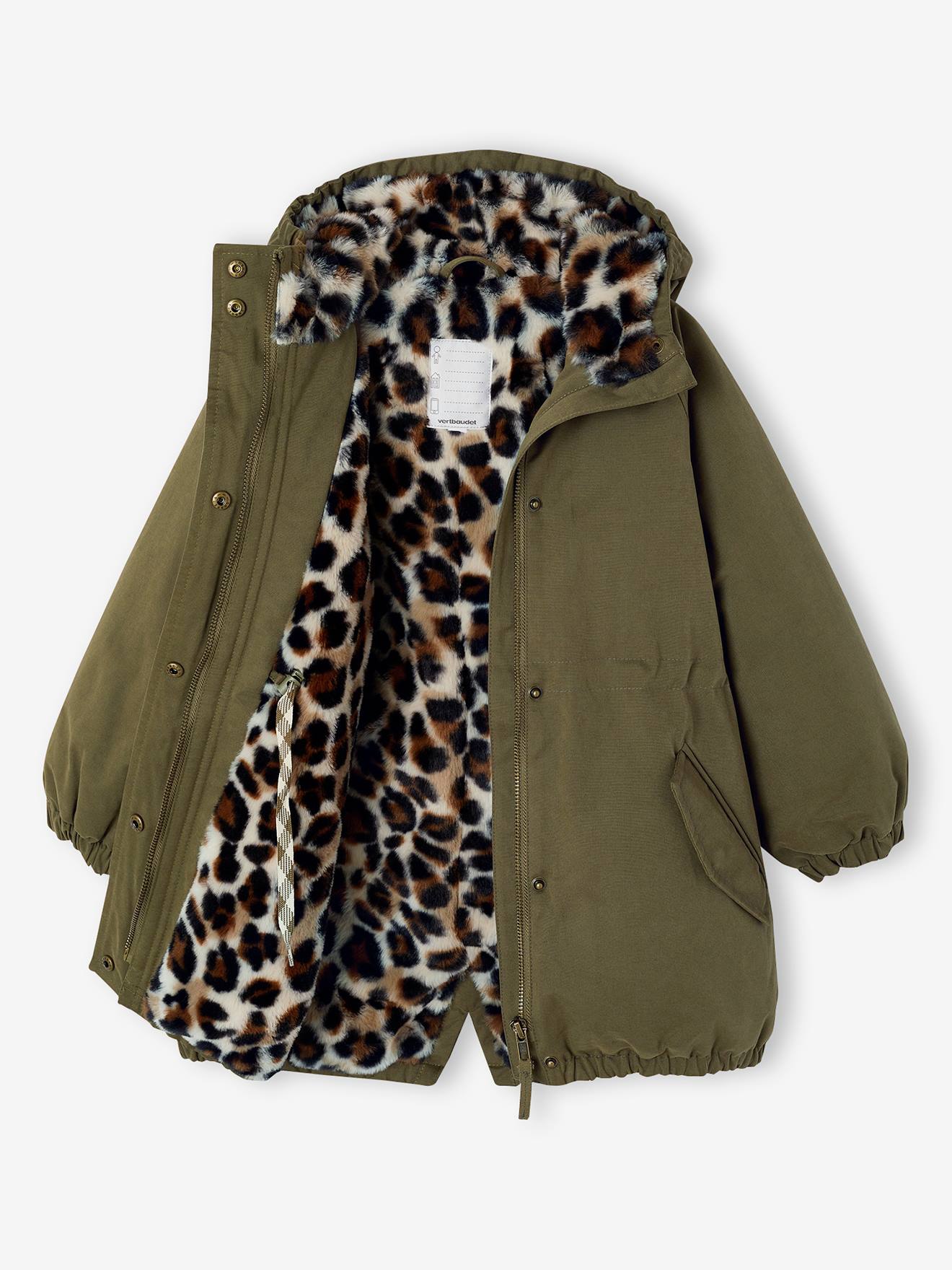 Parka fille à capuche doublée imitation fourrure vert foncé