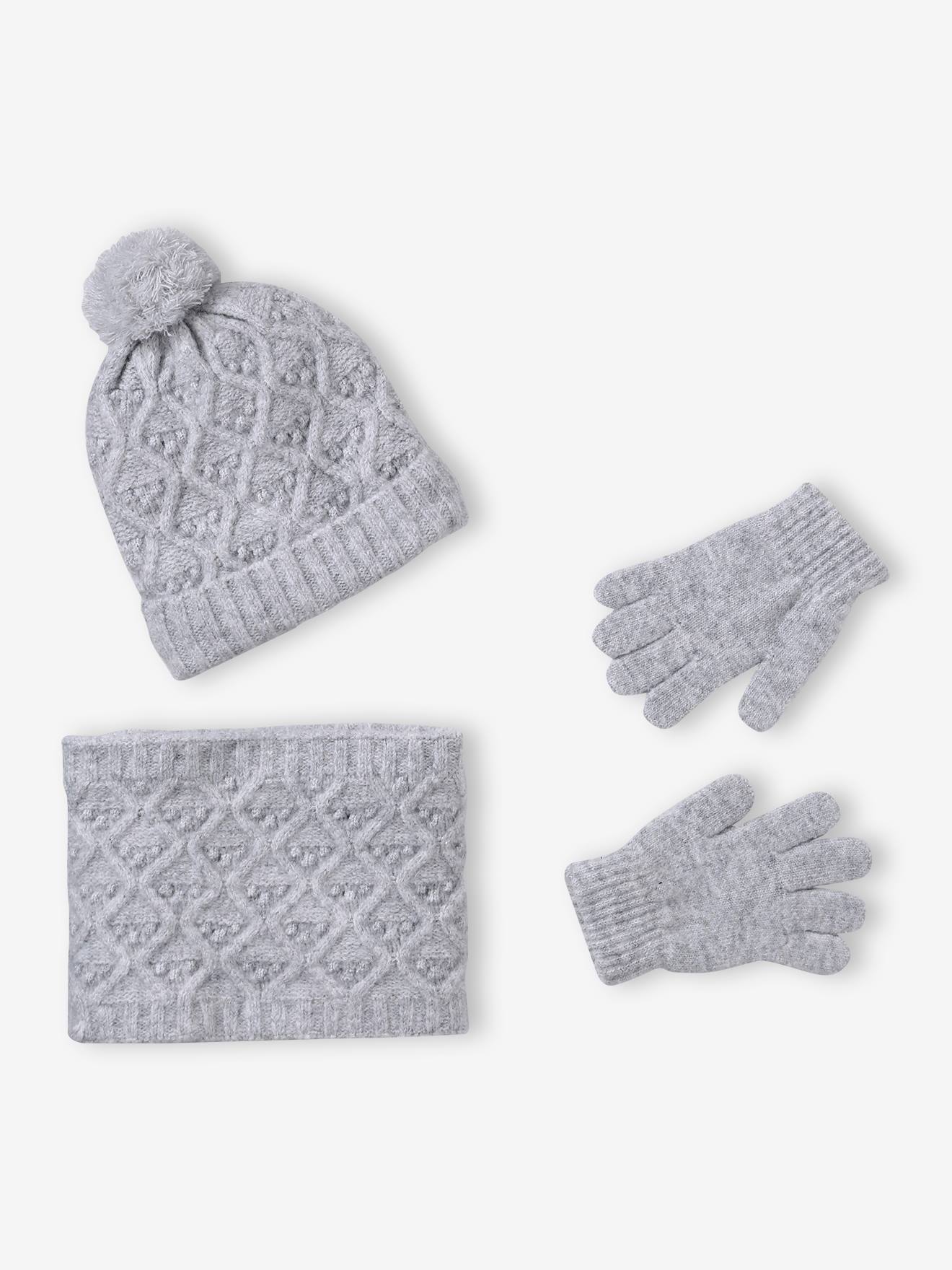 Ensemble fille tricot bonnet, snood et gants gris chiné