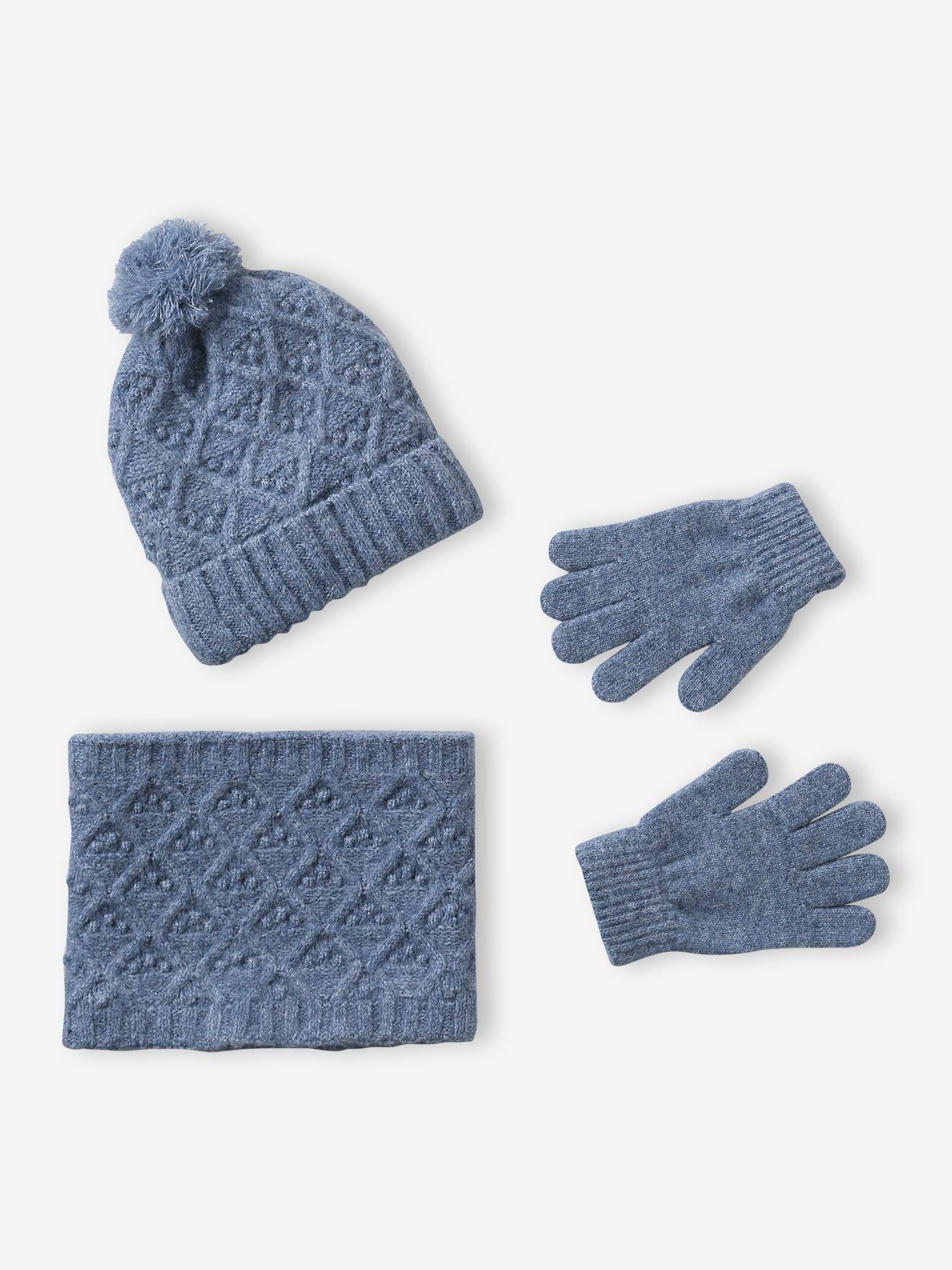 Ensemble fille tricot bonnet, snood et gants bleu ciel
