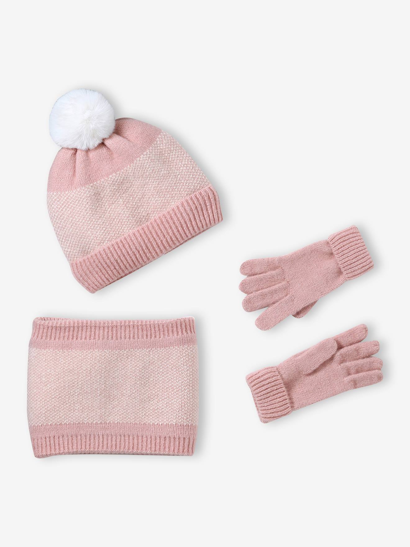 Ensemble fille en tricot bonnet, snood et gants rose poudré