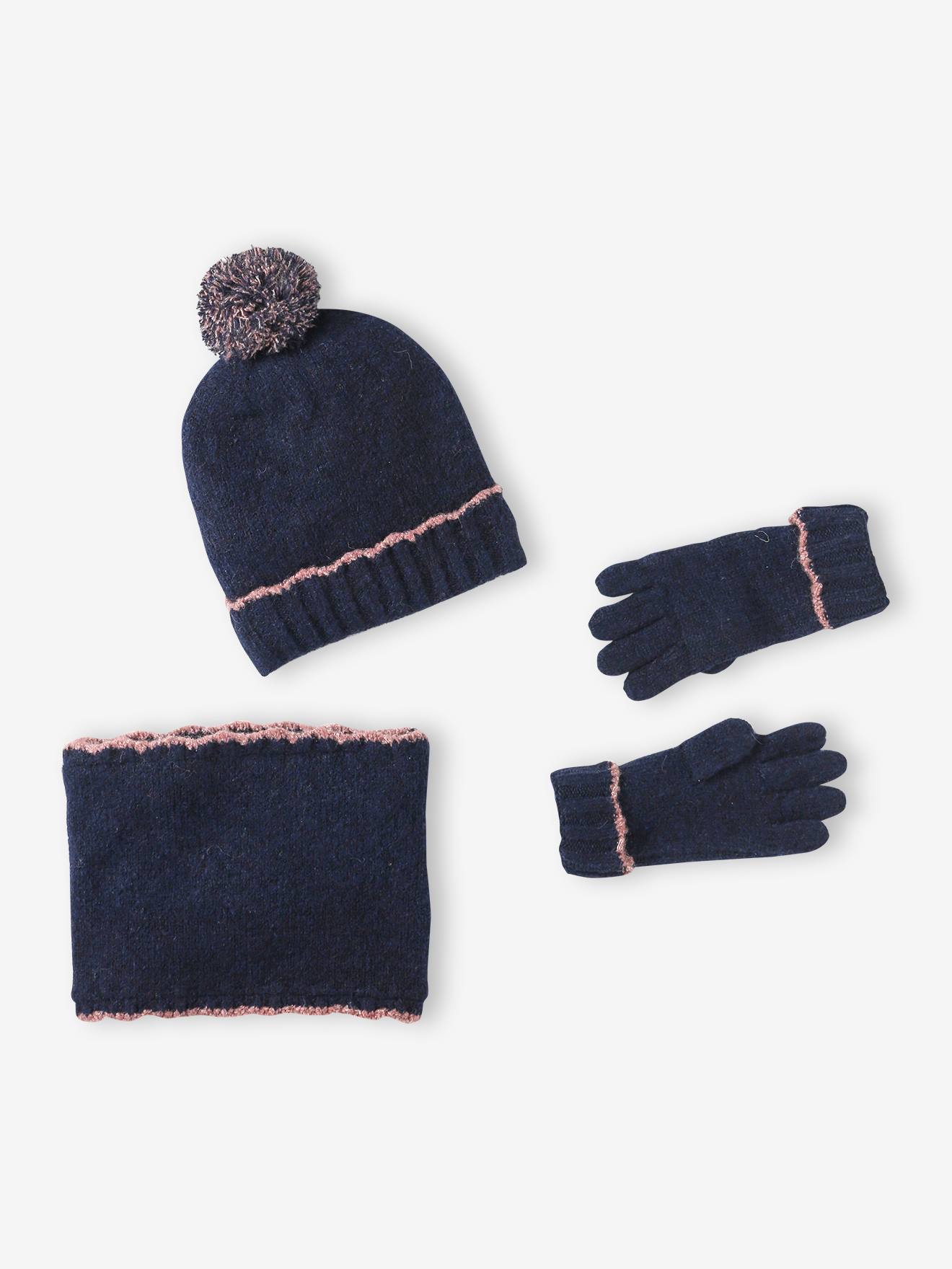Ensemble fille tricot bonnet, snood et gants marine
