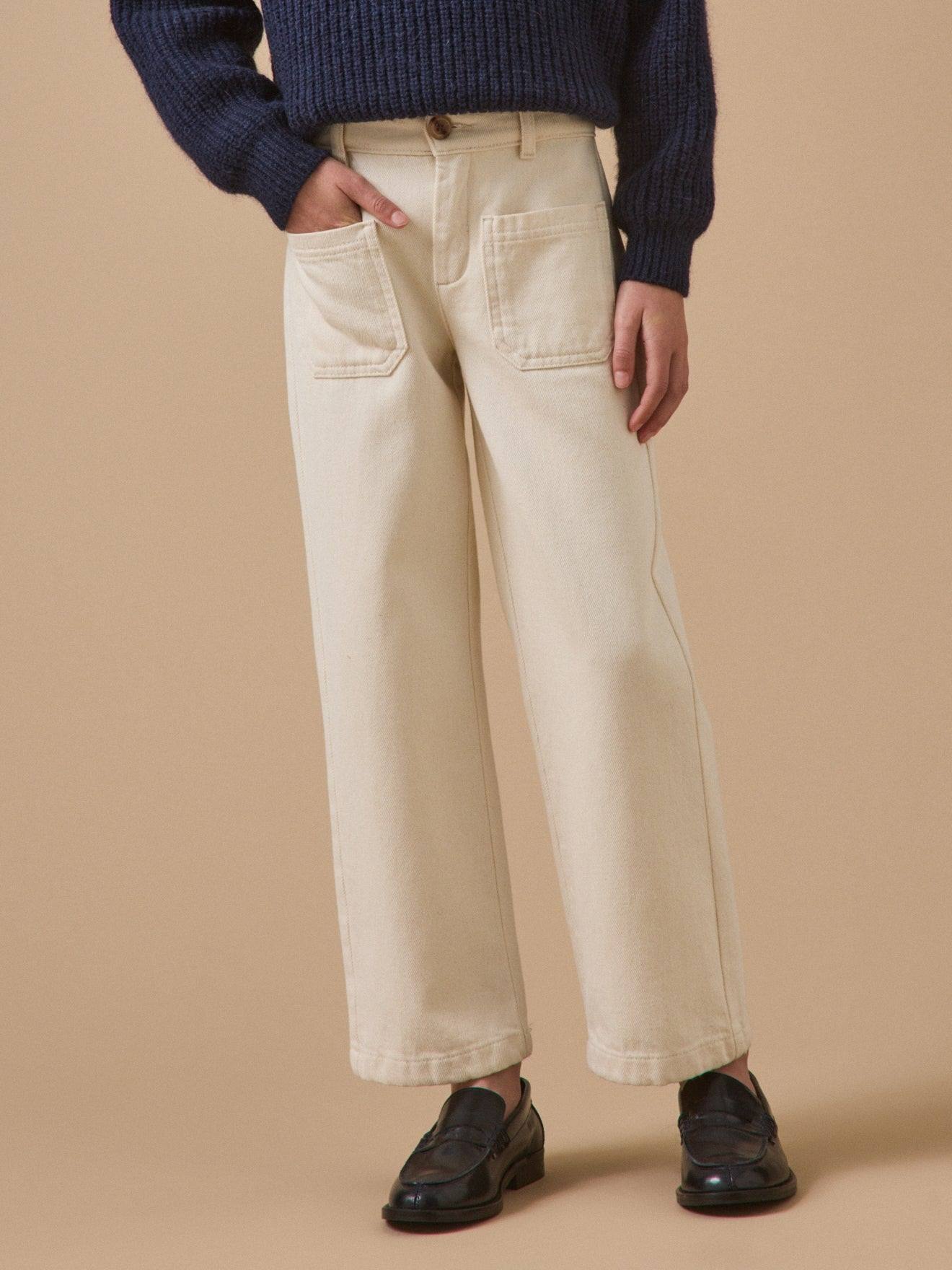 Pantalon Droit Fille En Denim Ecru