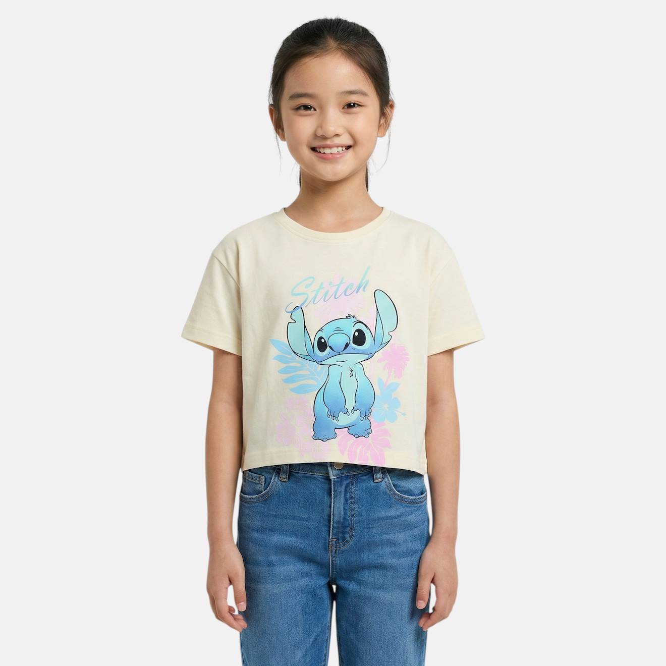 T-shirt Manches Courtes Fille Avec Personnage Lilo & Stitch Ecru