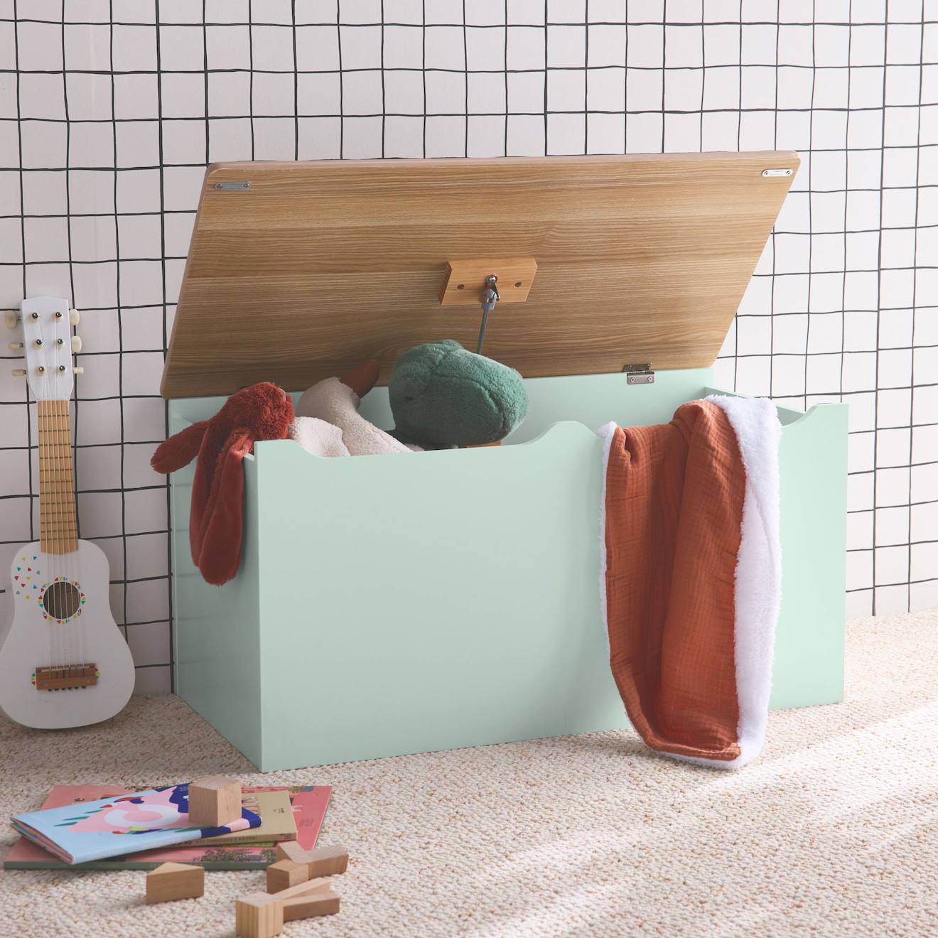 Coffre À Jouets - Tobias - , 80x40 Cm, Couvercle Rabattable, Poignées Latérales Vert Céladon (sweeek) - Image 2