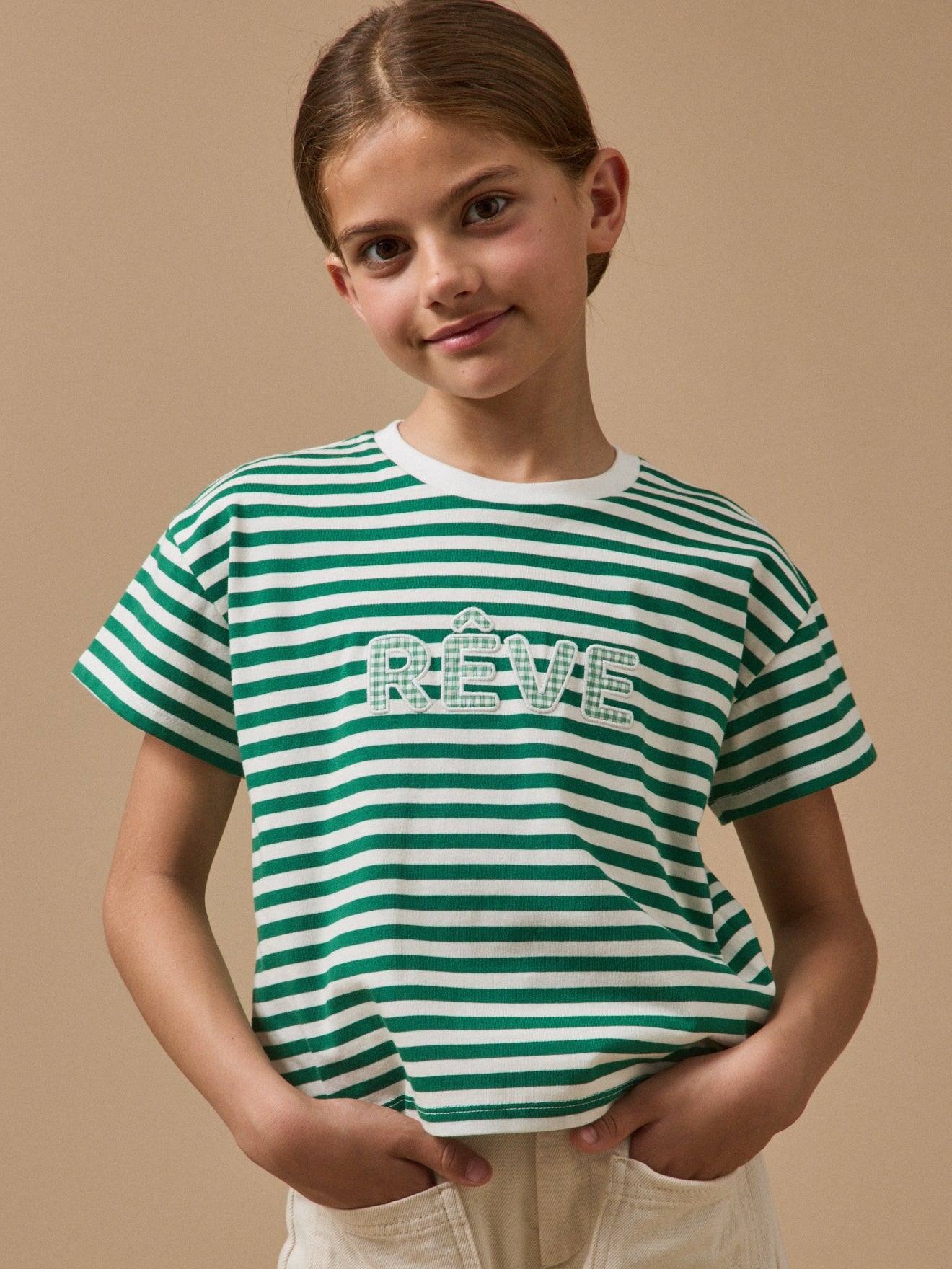 T-shirt Message Fille Rayure Verte