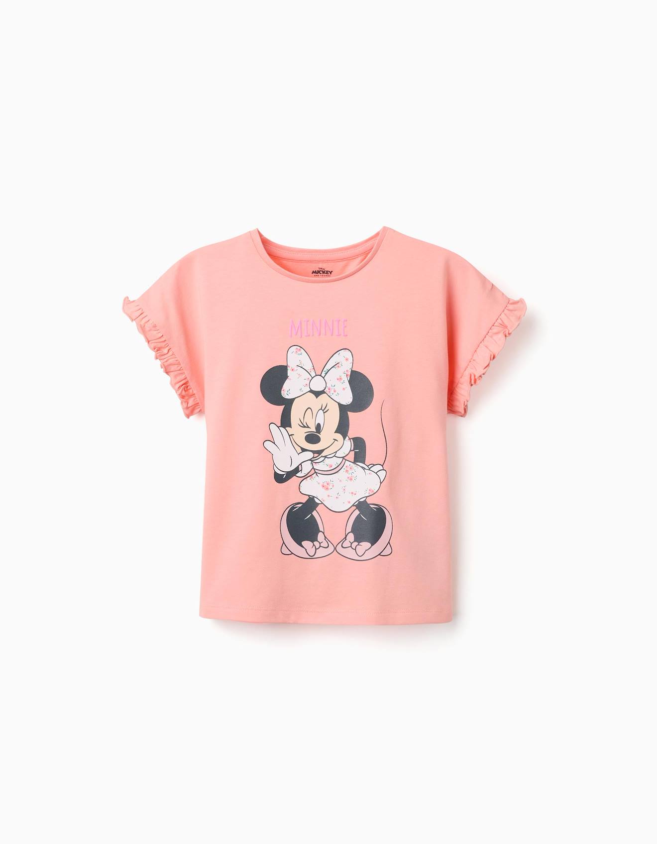 T-shirt En Coton Avec Imprimé Minnie Et Volants Saumon
