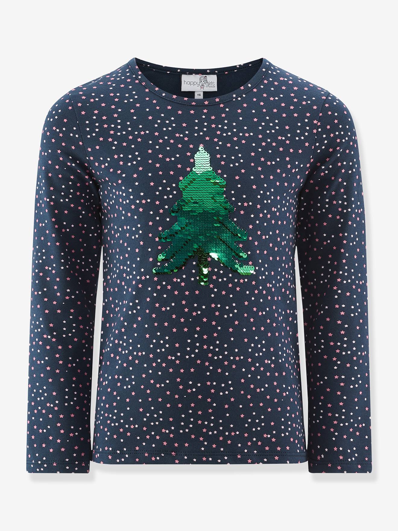 T-shirt manches longues Christmas fille Happy Girls marine