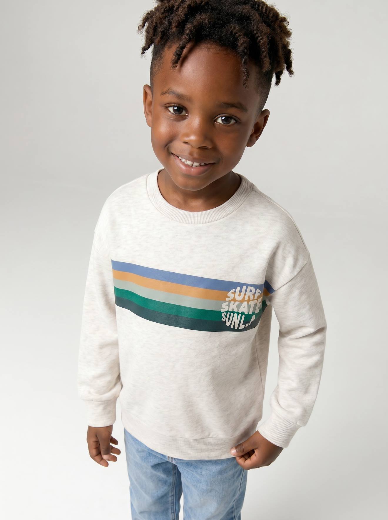 Sweat garçon col rond blanc chiné