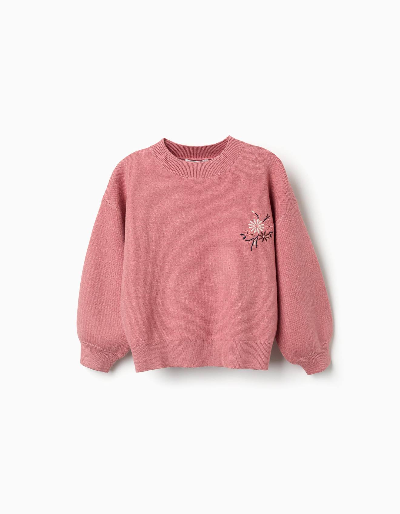 Pull En Maille Avec Fleurs Brodées Rose