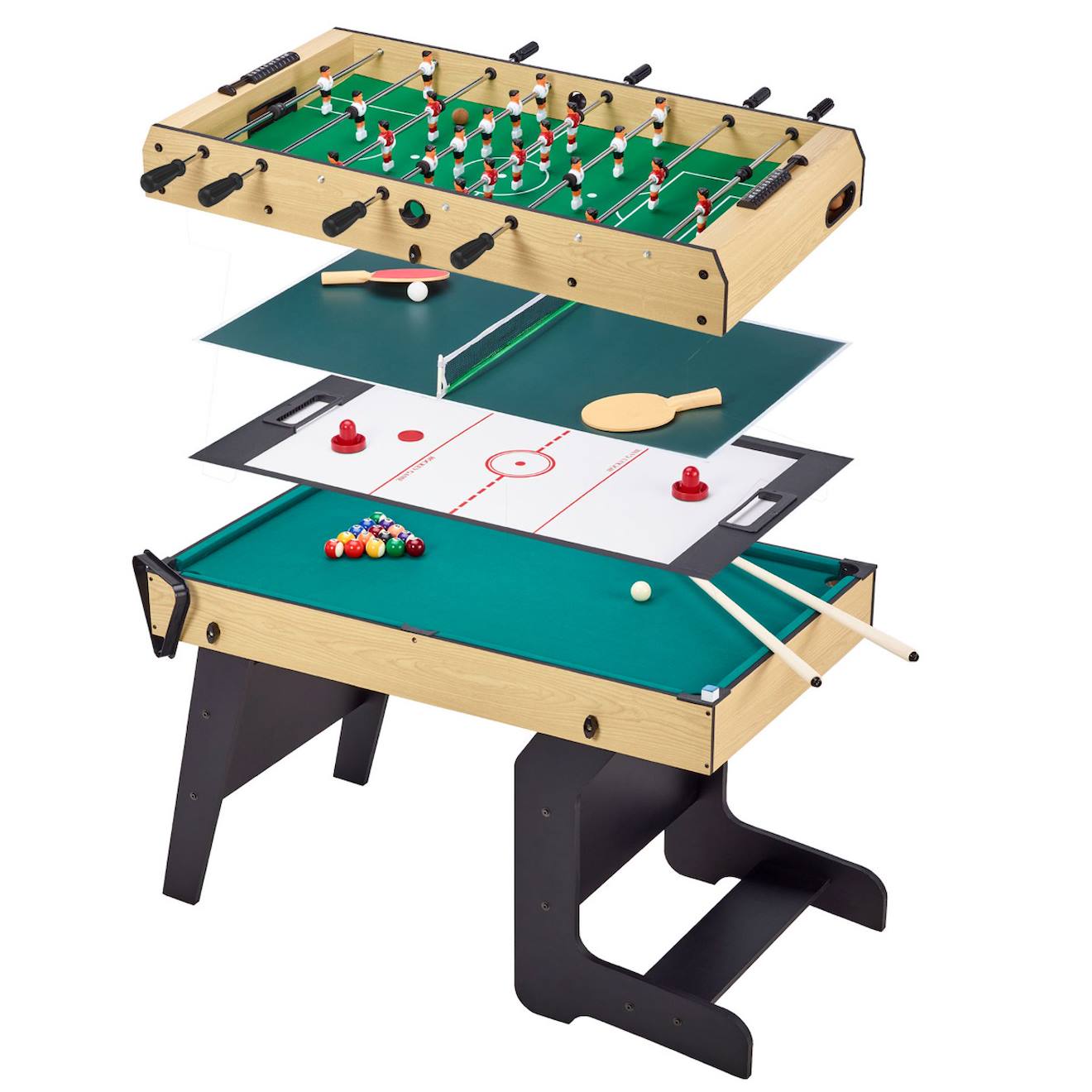 Table Multi Jeux Pliable Baby Foot - Billard - Ping Pong - Hockey Marron