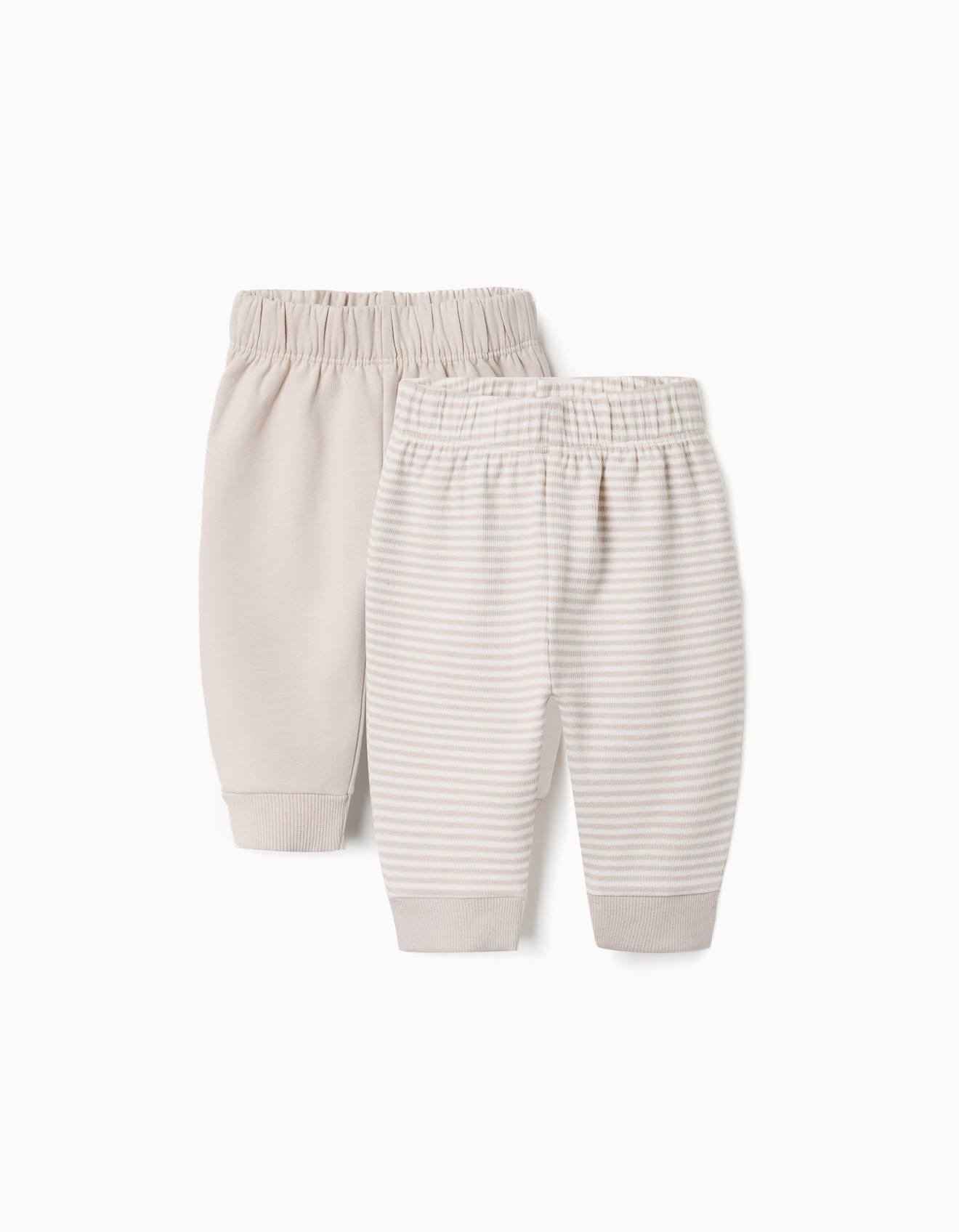 Lot De 2 Pantalons En Coton Unis/à Rayures Gris Clair