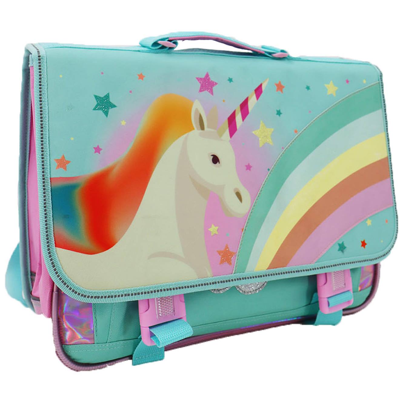 Cartable Imprimé Licorne Et Arc-en-ciel En Tissu Synthétique Bleu / Rose / Clair