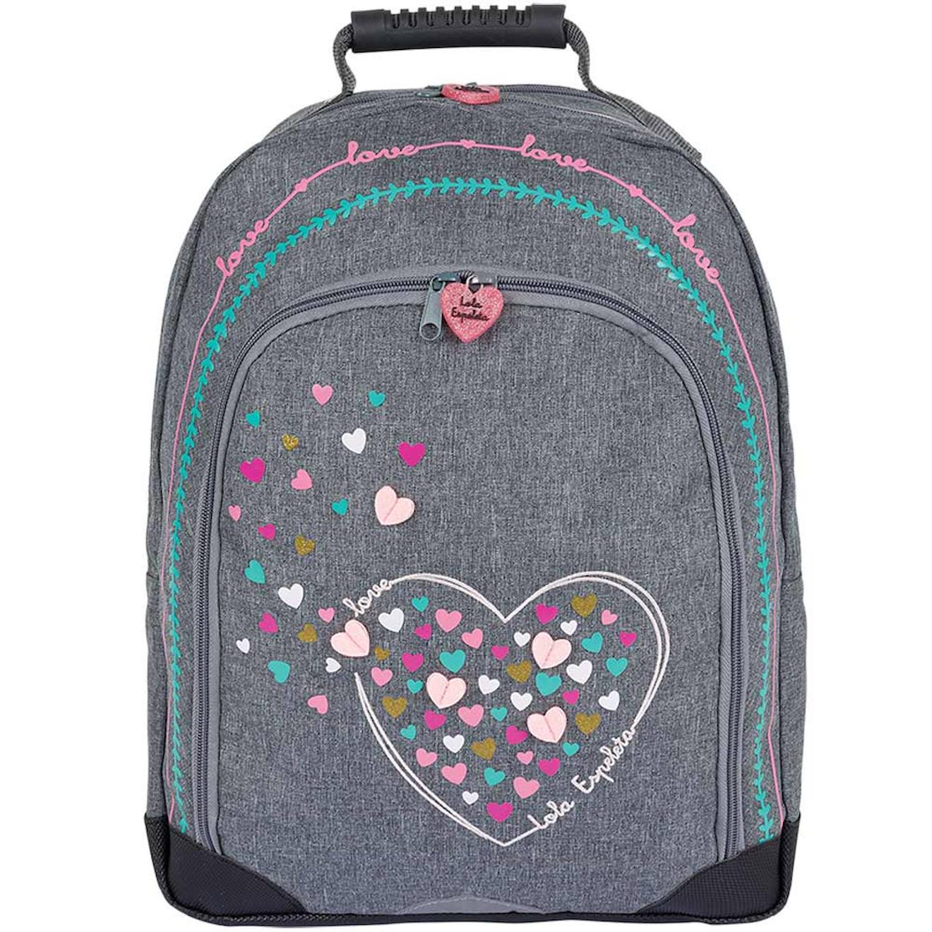 Sac À Dos Scolaire Textile Motif Cœur Lola Espeleta 42 Cm Gris / Rose / Clair / Bleu