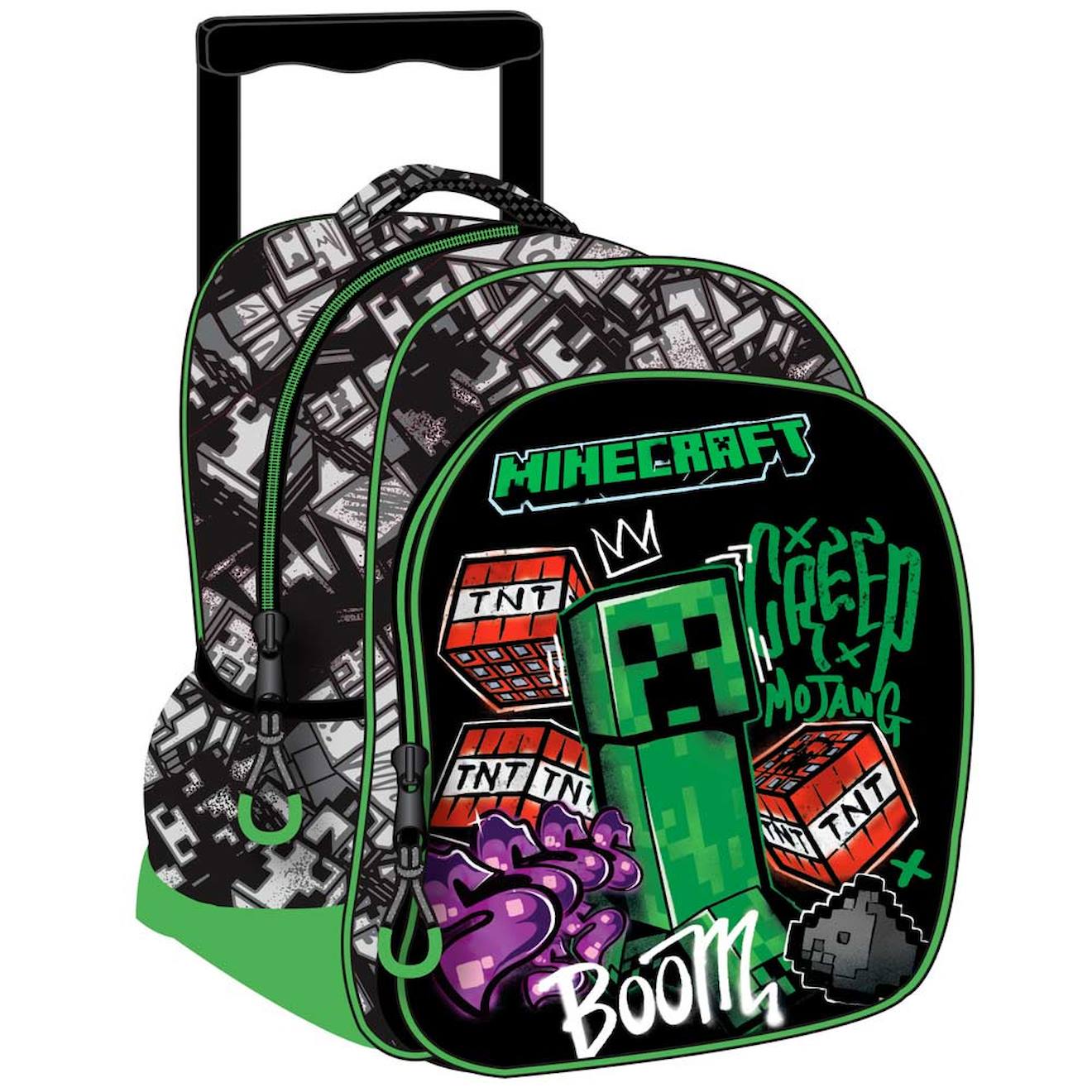 Sac À Dos Avec Roulettes Minecraft Metro Art 30 Cm - Trolley Maternelle Noir / Vert / Gris