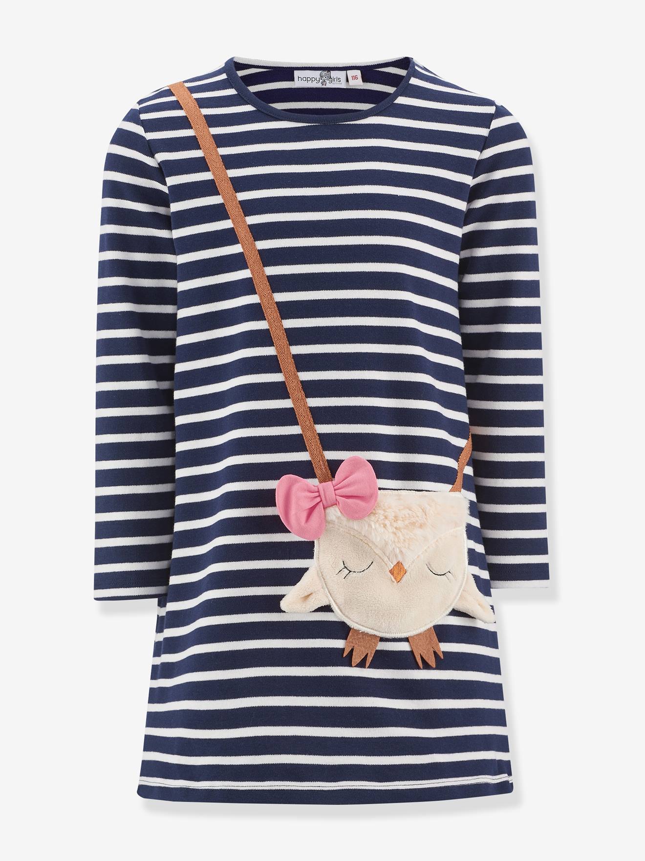Robe rayée avec chouette fille Happy Girls marine