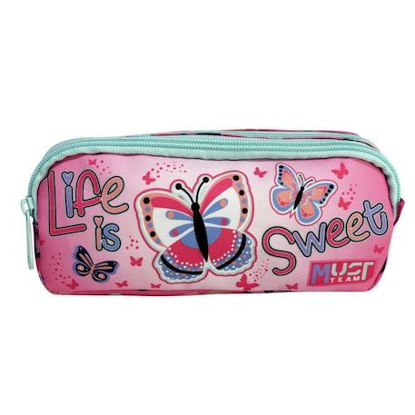 Trousse rectangulaire papillons 21 cm, 2 compartiments zippés Rose/bleu/vert 1 - vertbaudet enfant 