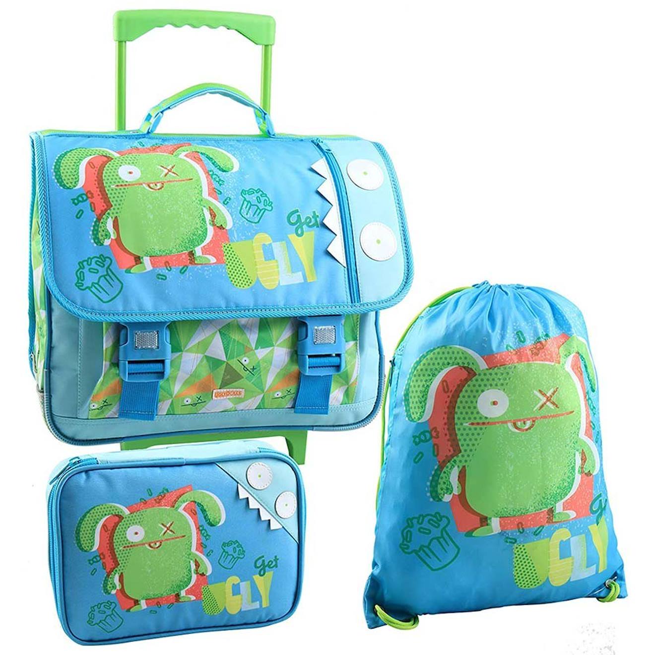 Set Scolaire 3 Pièces Cartable À Roulettes 41 Cm + Sac De Sport + Trousse Uglydolls Bleu / Vert / Blanc
