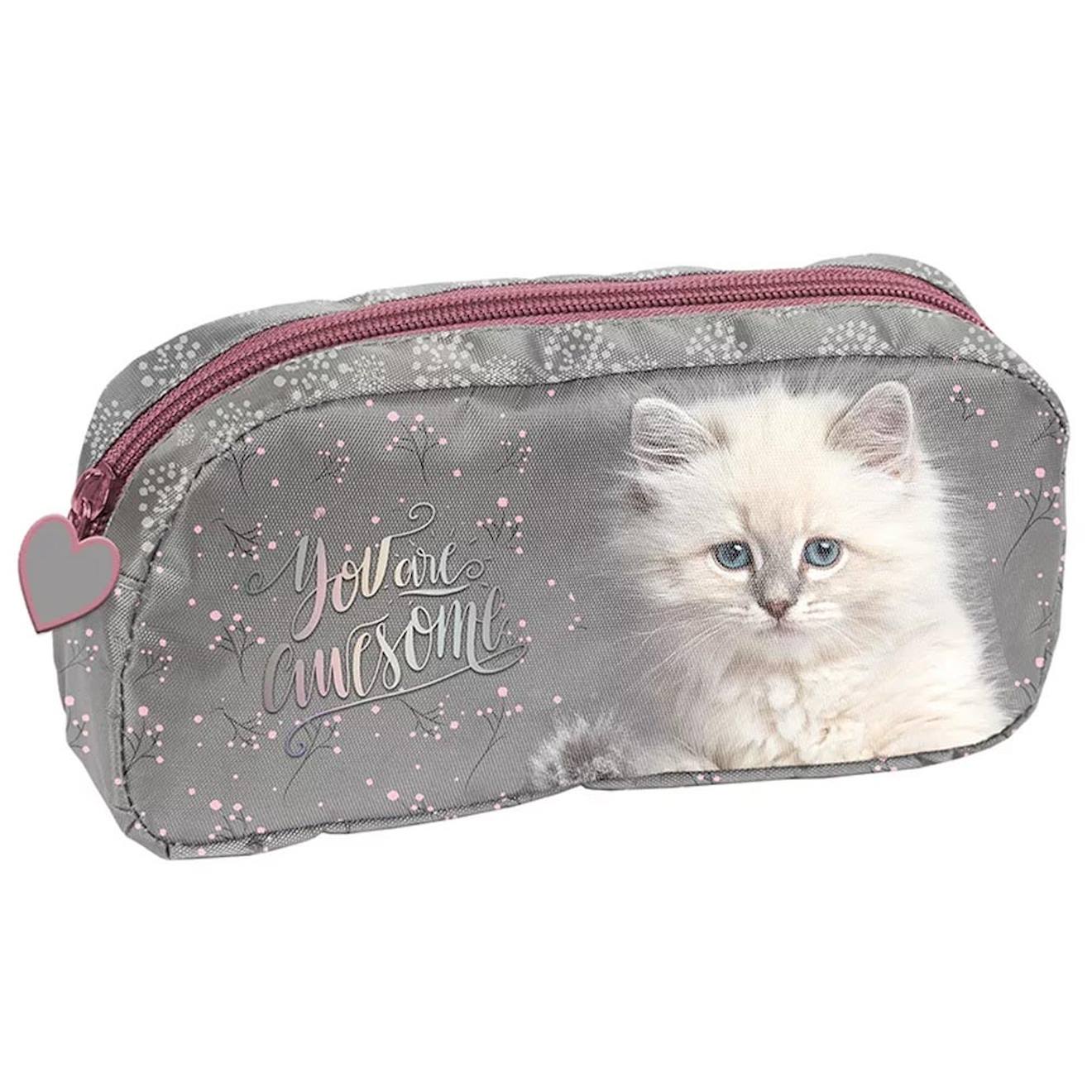Trousse Scolaire Polyester Imprim Chat Photoraliste Gris Rose 10$