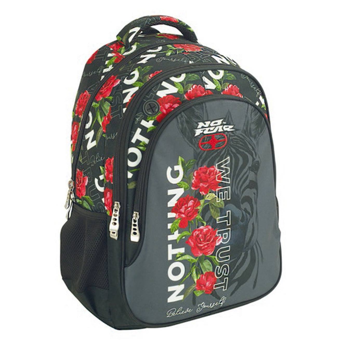 Sac À Dos Scolaire No Fear Motif Zèbre Et Roses Polyester Blanc / Rose
