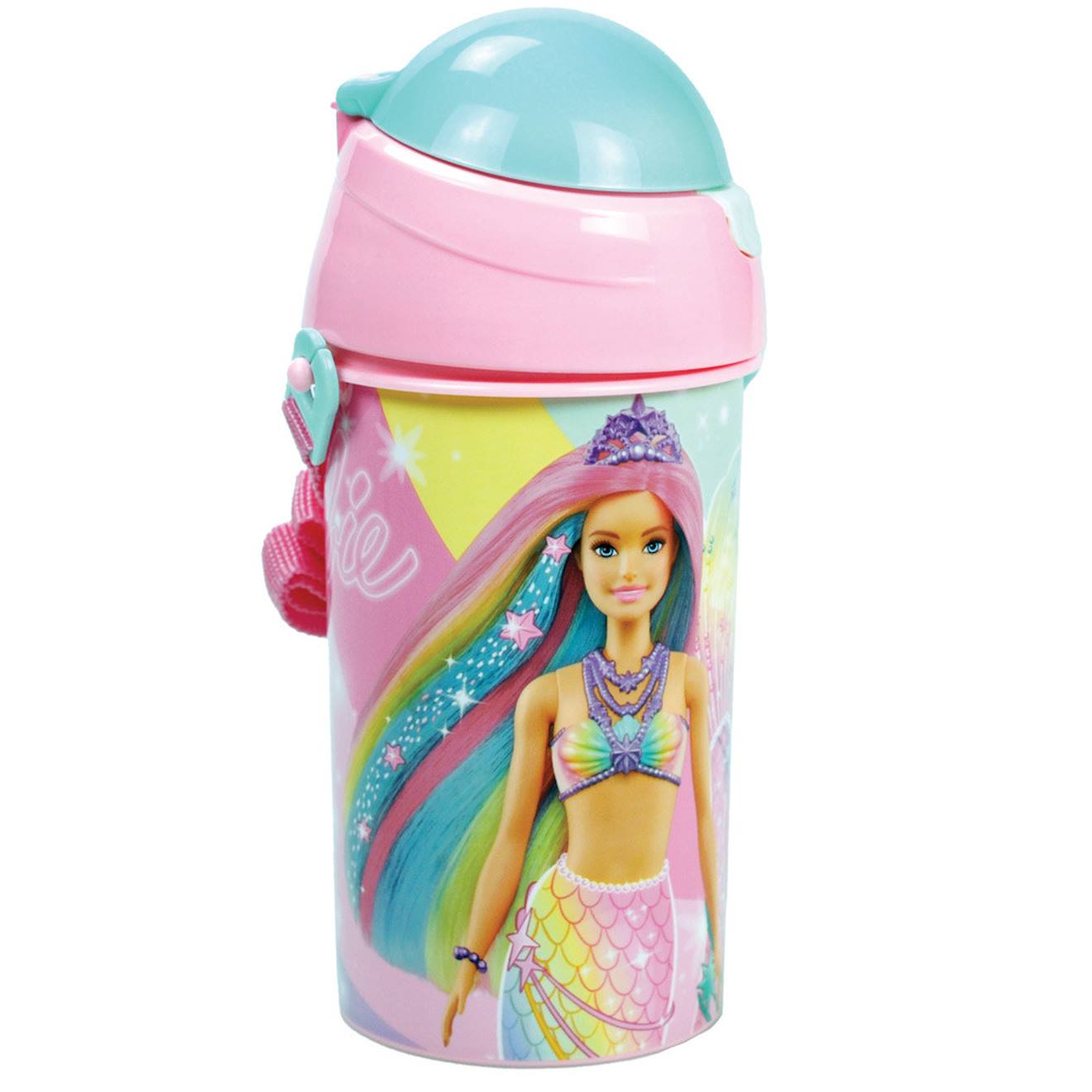 Gourde Enfants Barbie Sirène Arc-en-ciel 500 Ml Pvc – Sangle Amovible Bleu Turquoise
