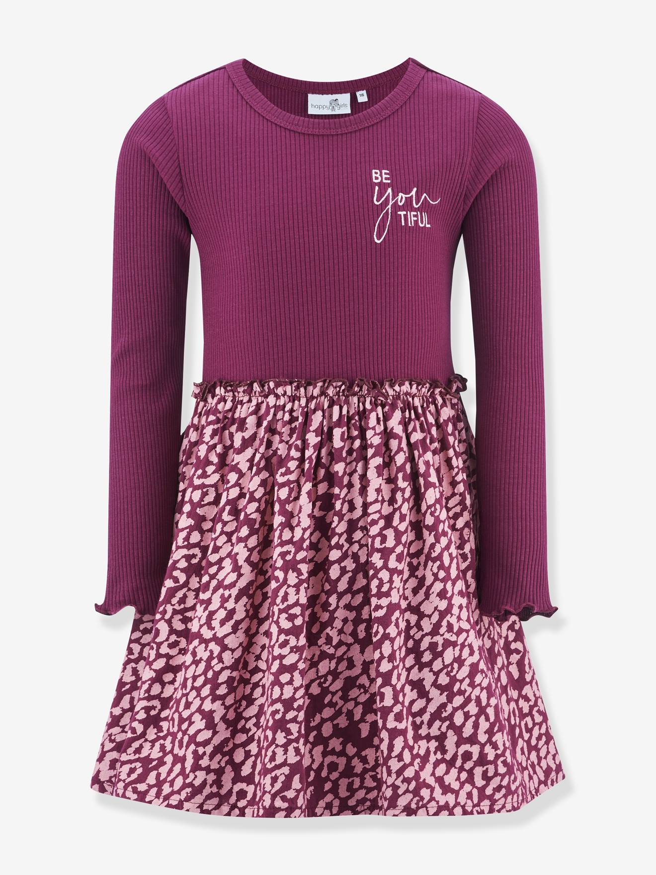 Robe avec jupe imprimée et inscription fille Happy Girls bordeaux