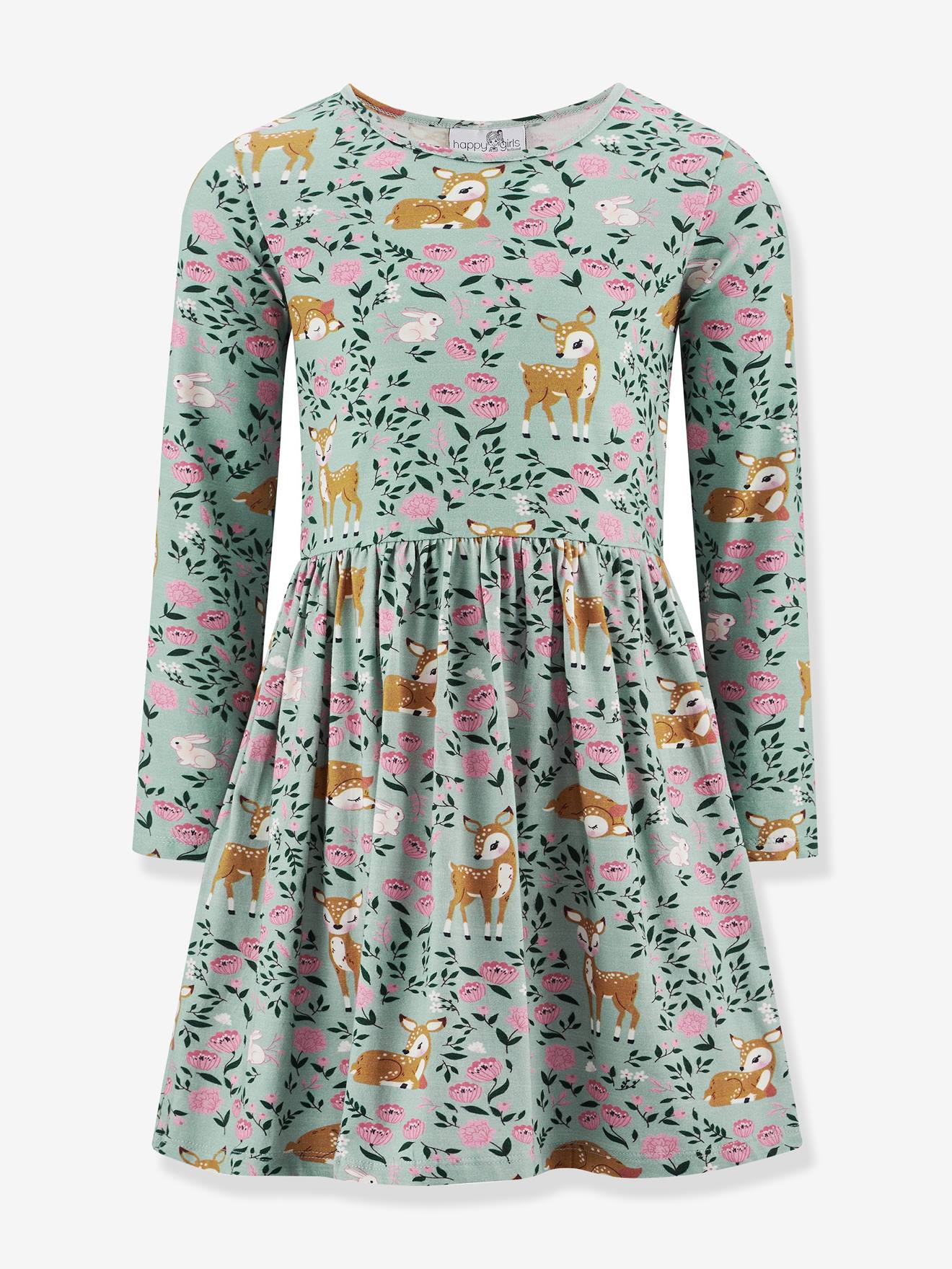 Robe avec biches et fleurs fille Happy Girls vert sauge