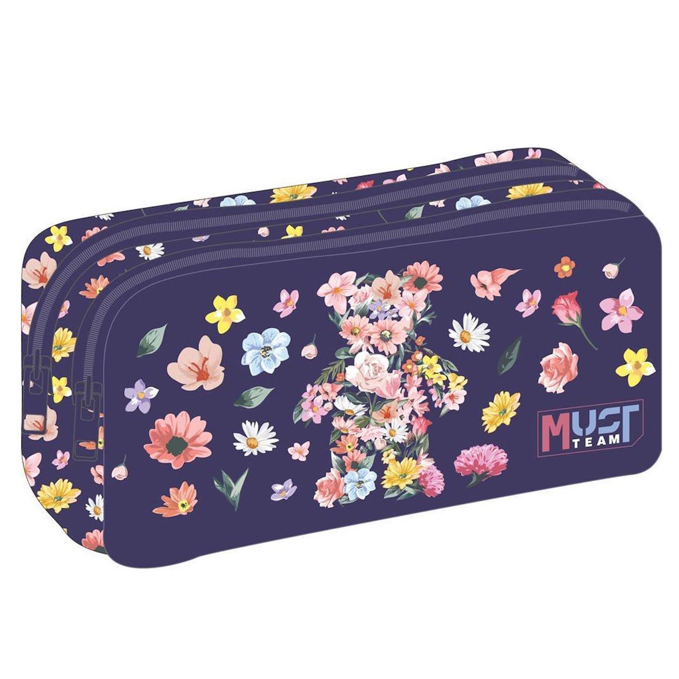 Trousse Rectangulaire Fleurs Multicolores Avec 2 Compartiments Zippés 21 Cm Bleu Marine