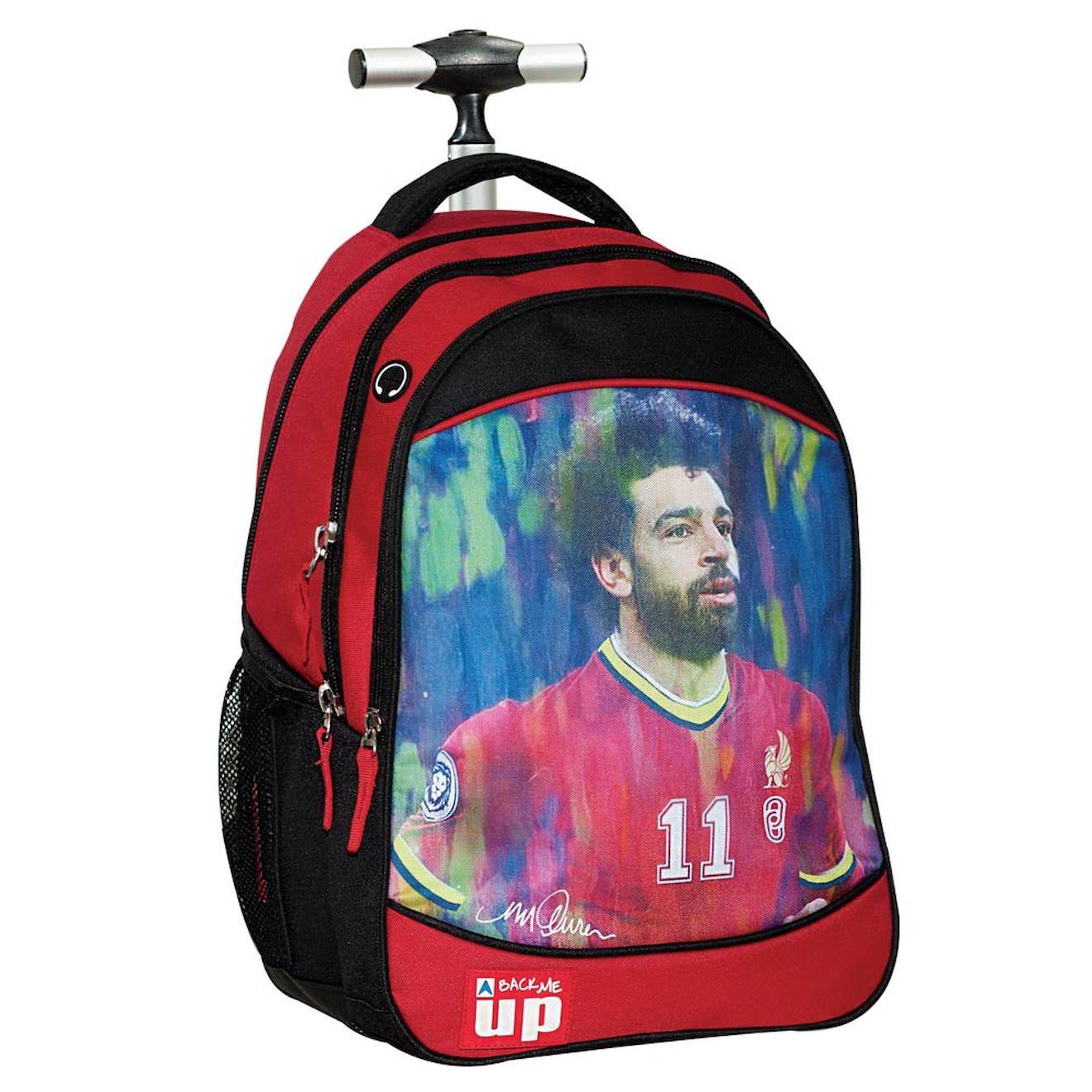 Sac À Dos Roulettes Foot Salah 48 Cm – 2 Poches Zippées Noir / Rouge / Bleu