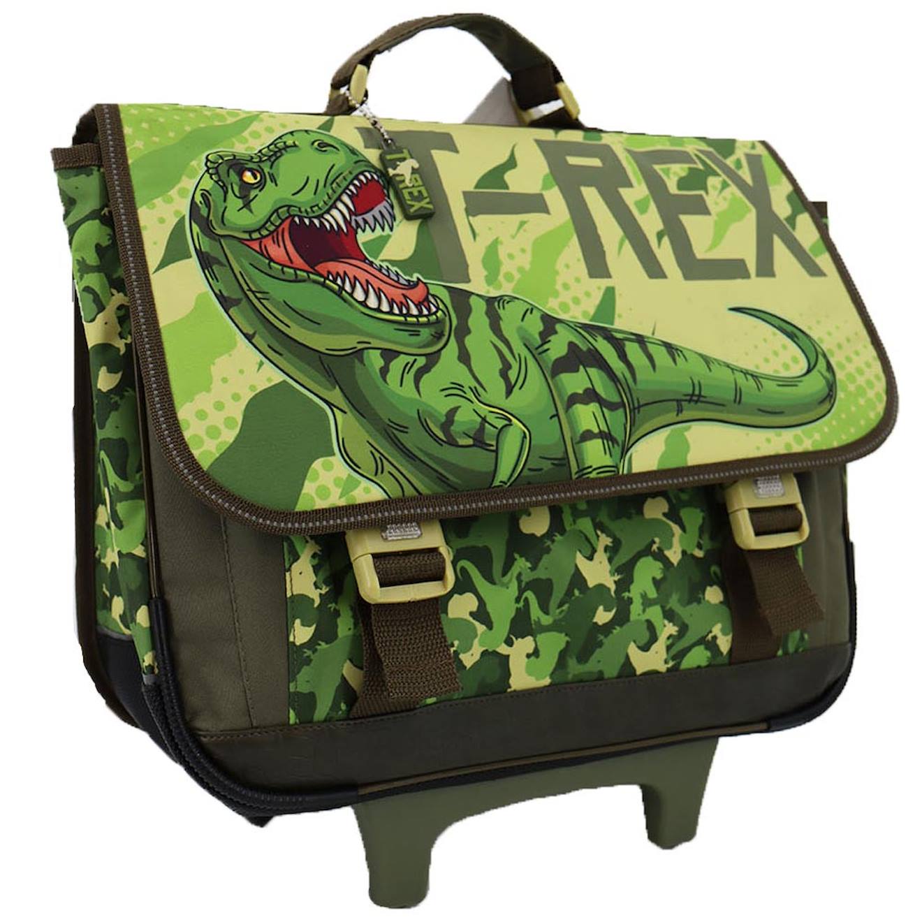 Cartable À Roulettes T-rex Deux Compartiments Toile Renforcée Vert/bois