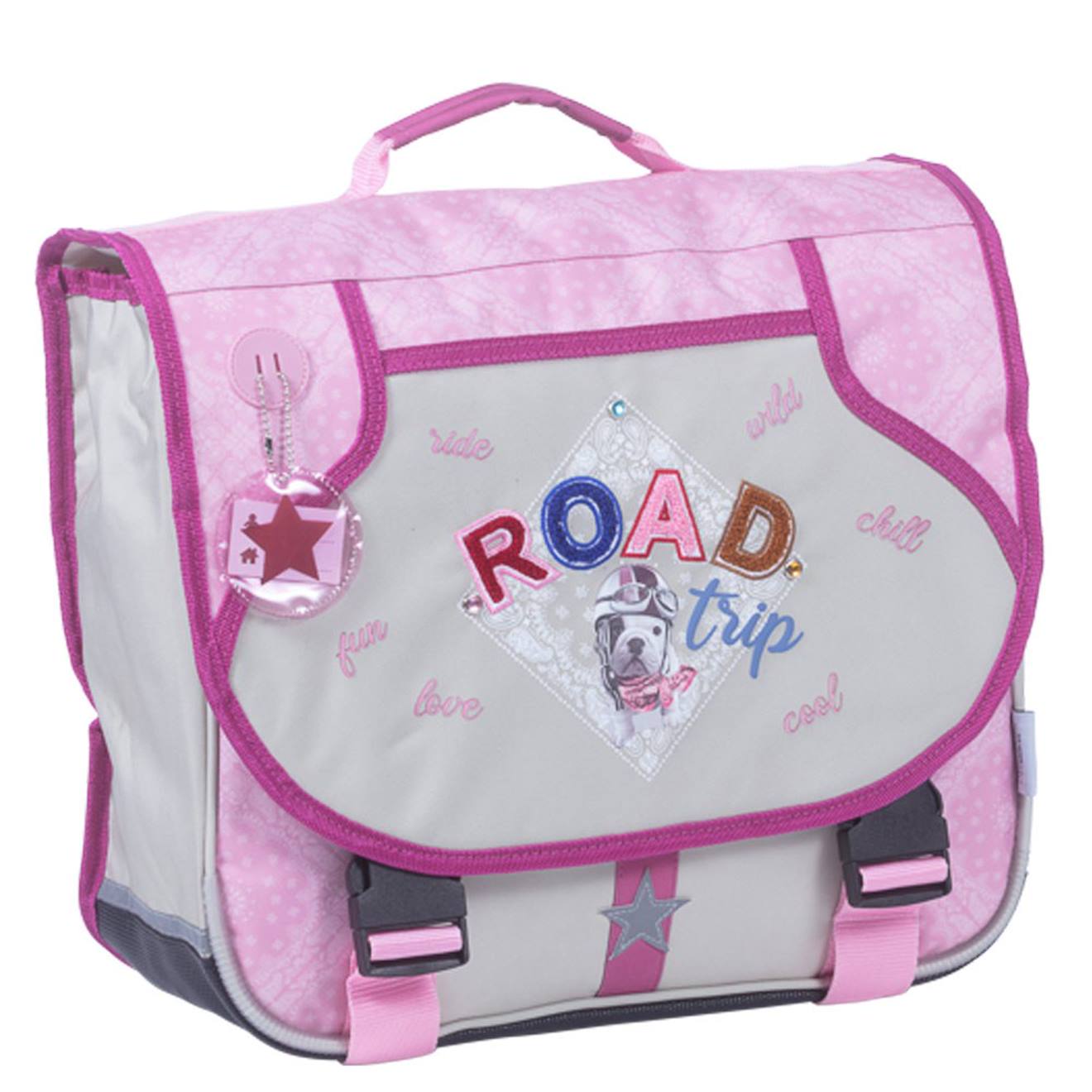 Cartable Tissu Imprimé Road Trip Teo Jasmin 38 Cm Noir / Rose / Gris