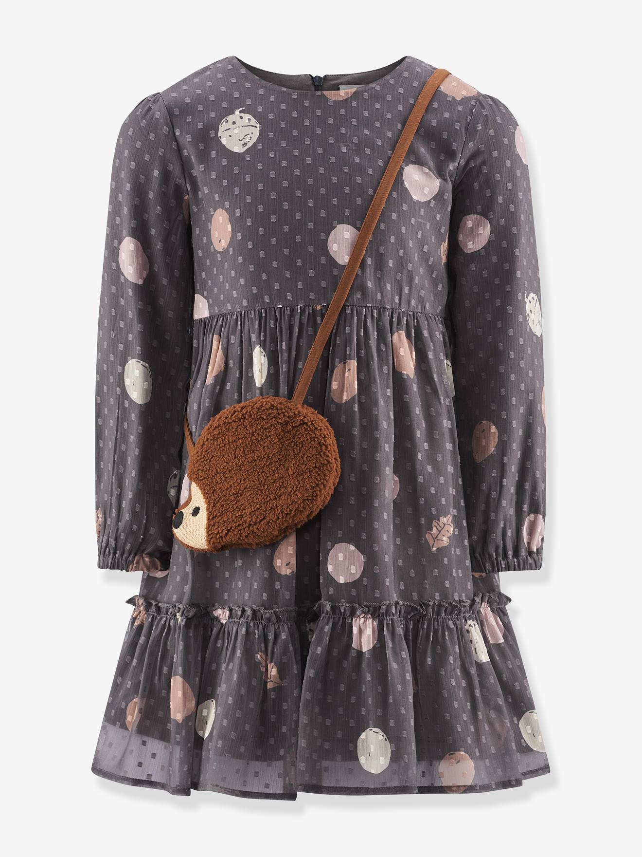 Robe en crêpe plumetis avec sac hérisson fille Happy Girls gris