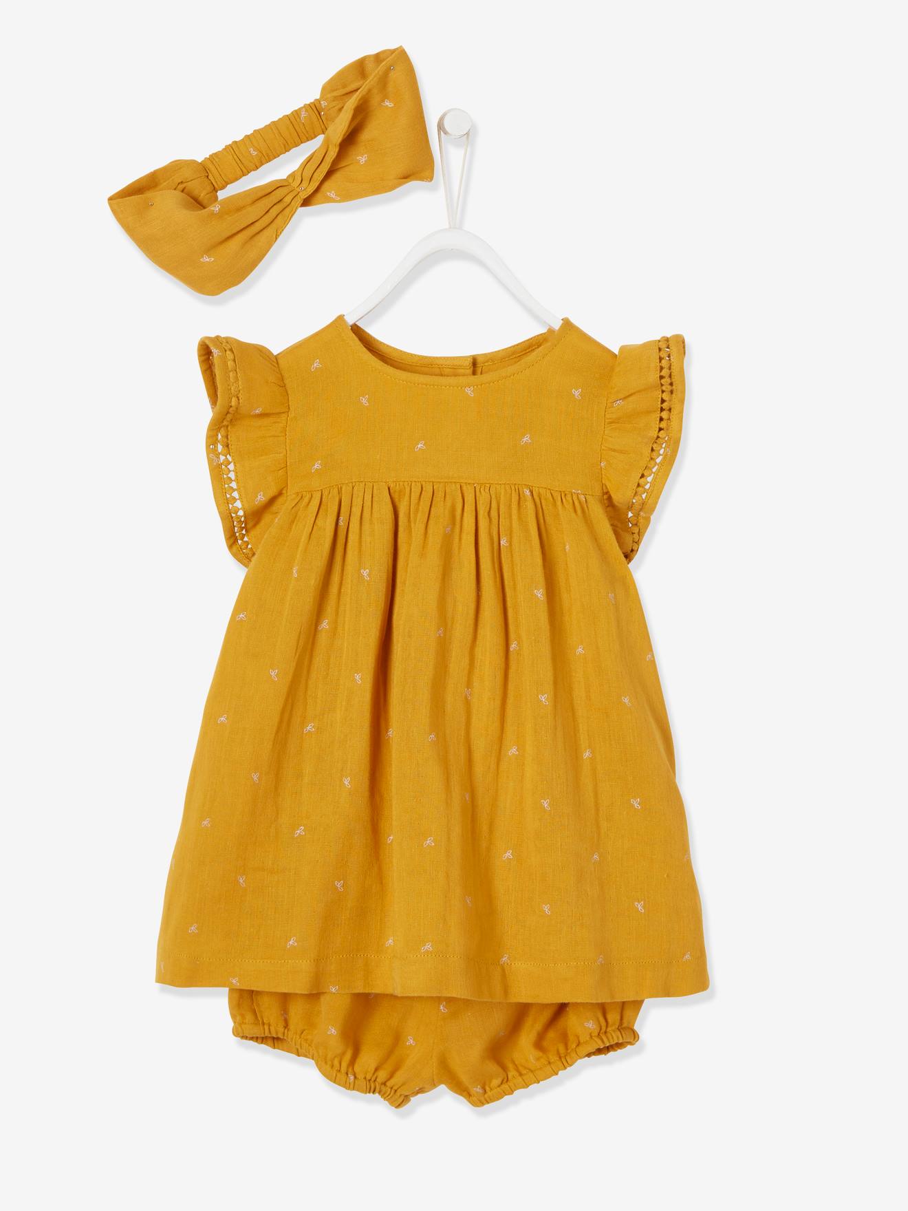 Ensemble imprimé robe, bloomer et bandeau bébé orange imprimé