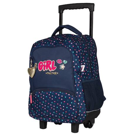 Fille-Accessoires-Sac à dos à roulettes fille KIP Girl You Rock avec 2 compartiments – CP/CE1/CE2 – Bleu marine à pois colorés